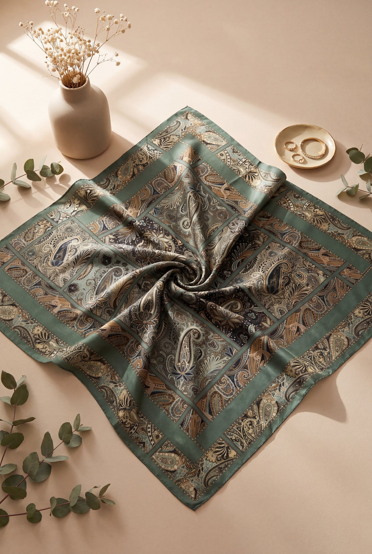 Geometrik Çerçeveli Rayon Eşarp -Çağla Yeşili