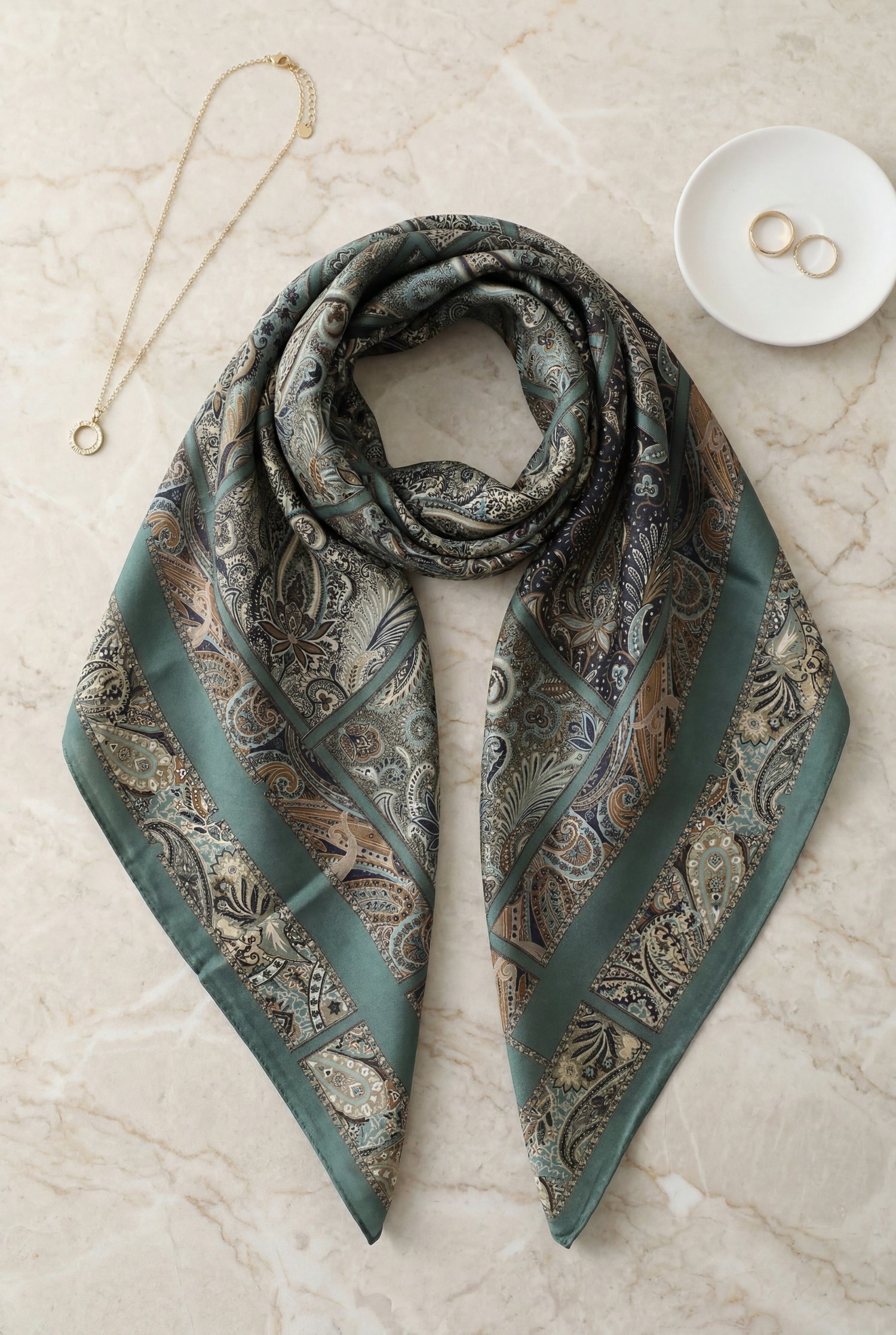 Geometrik Çerçeveli Rayon Eşarp -Çağla Yeşili