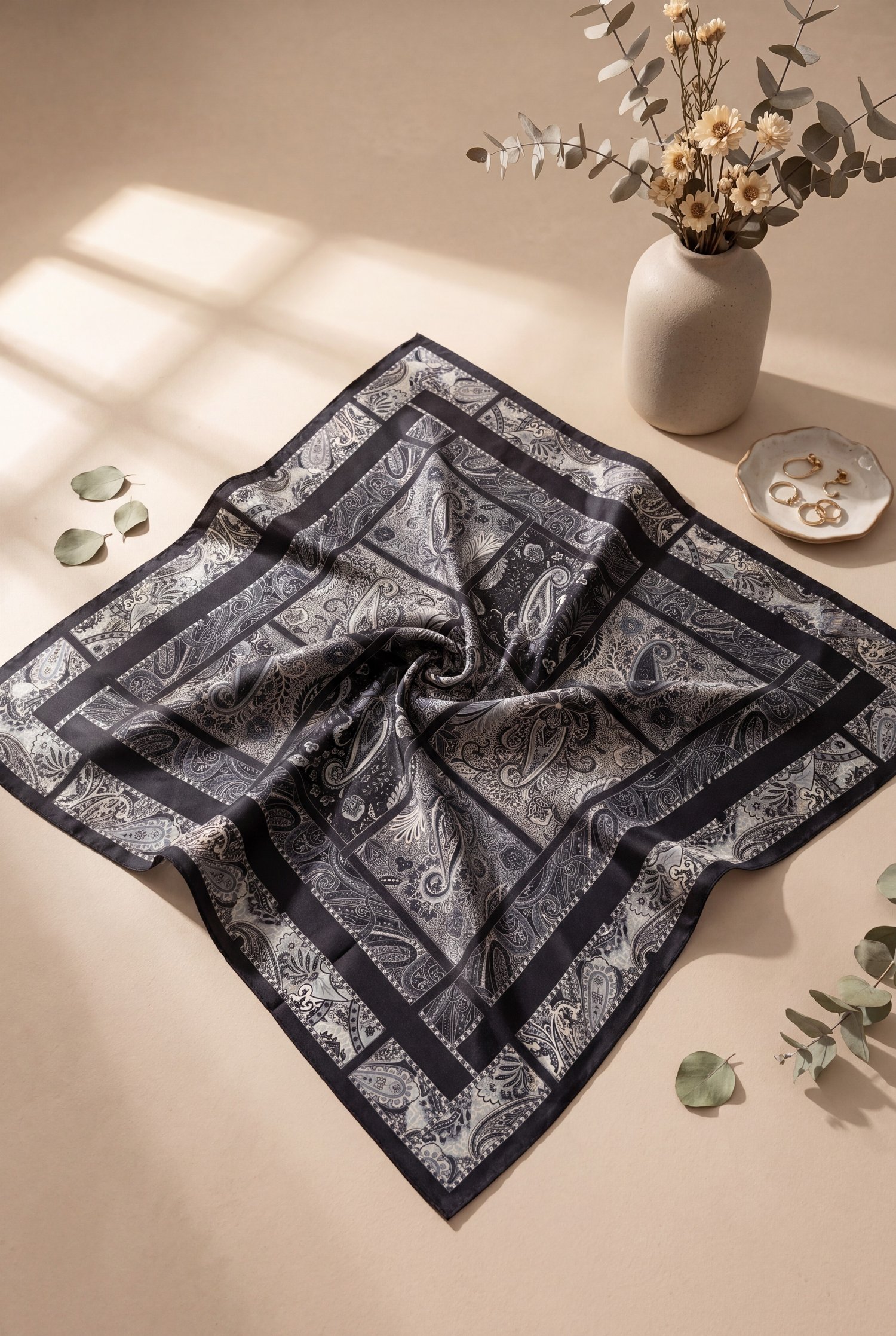 Geometrik Çerçeveli Rayon Eşarp -Gri