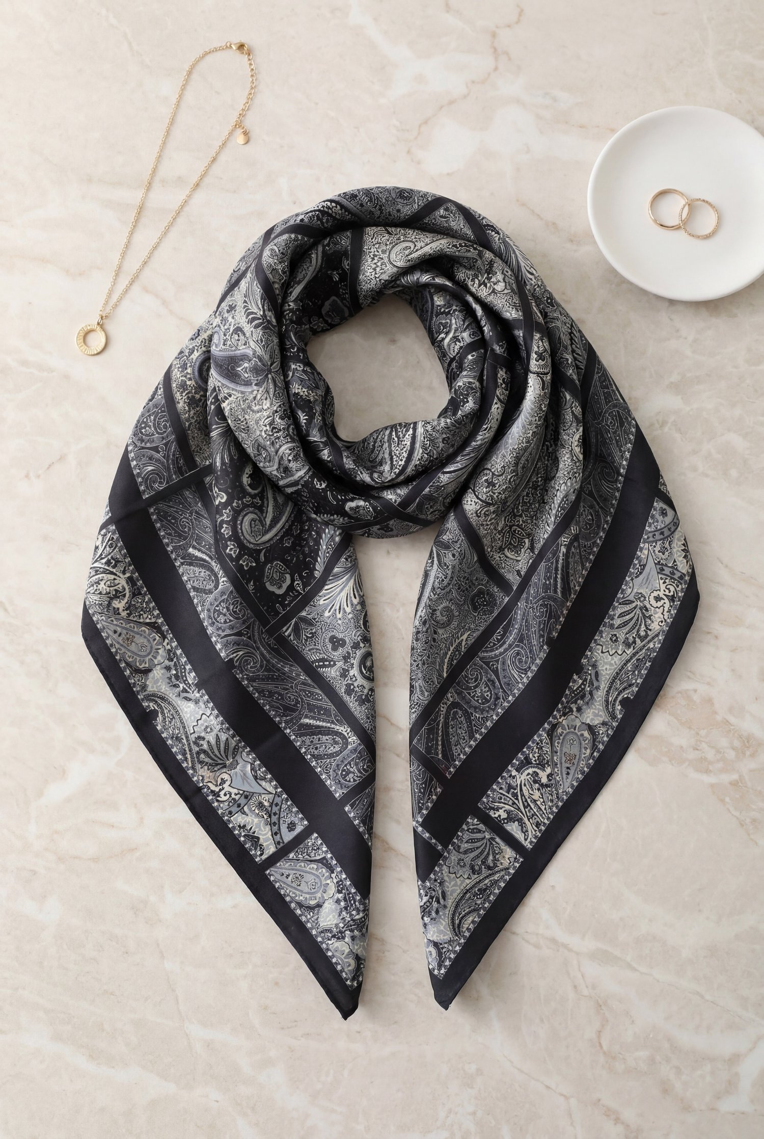 Geometrik Çerçeveli Rayon Eşarp -Gri
