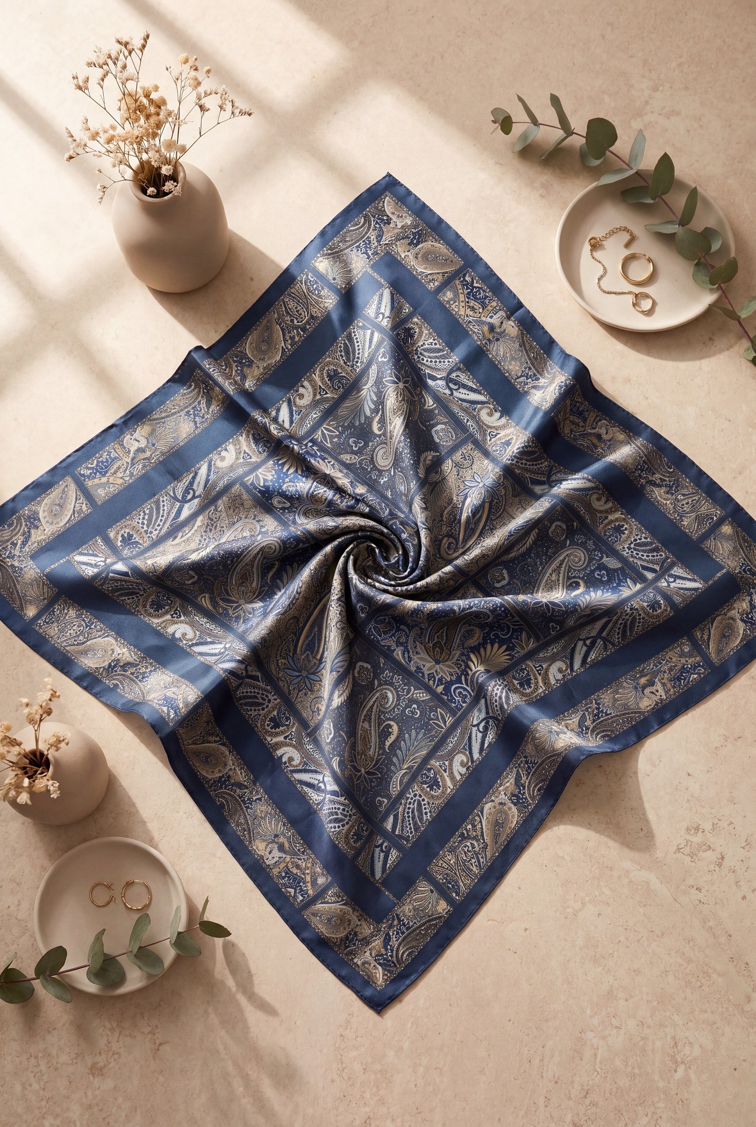 Geometrik Çerçeveli Rayon Eşarp -İndigo