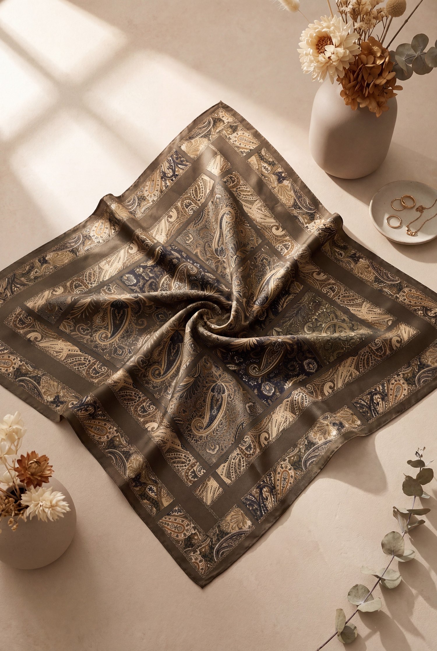 Geometrik Çerçeveli Rayon Eşarp -Kahverengi