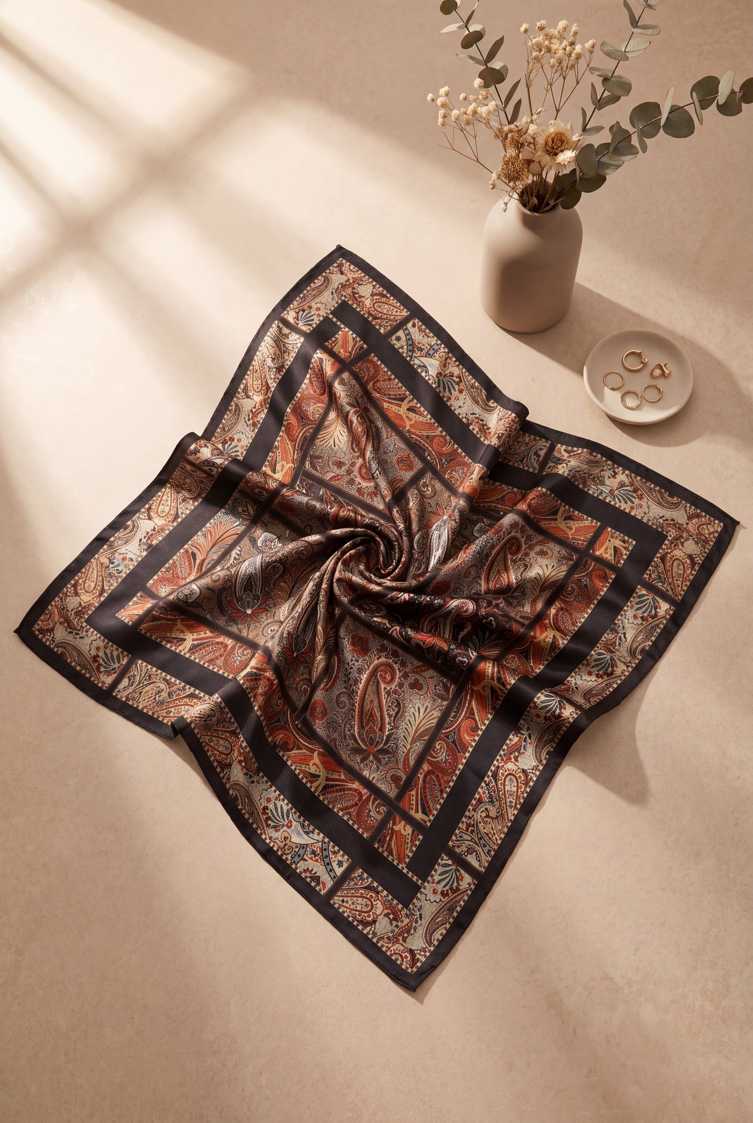 Geometrik Çerçeveli Rayon Eşarp -Kiremit