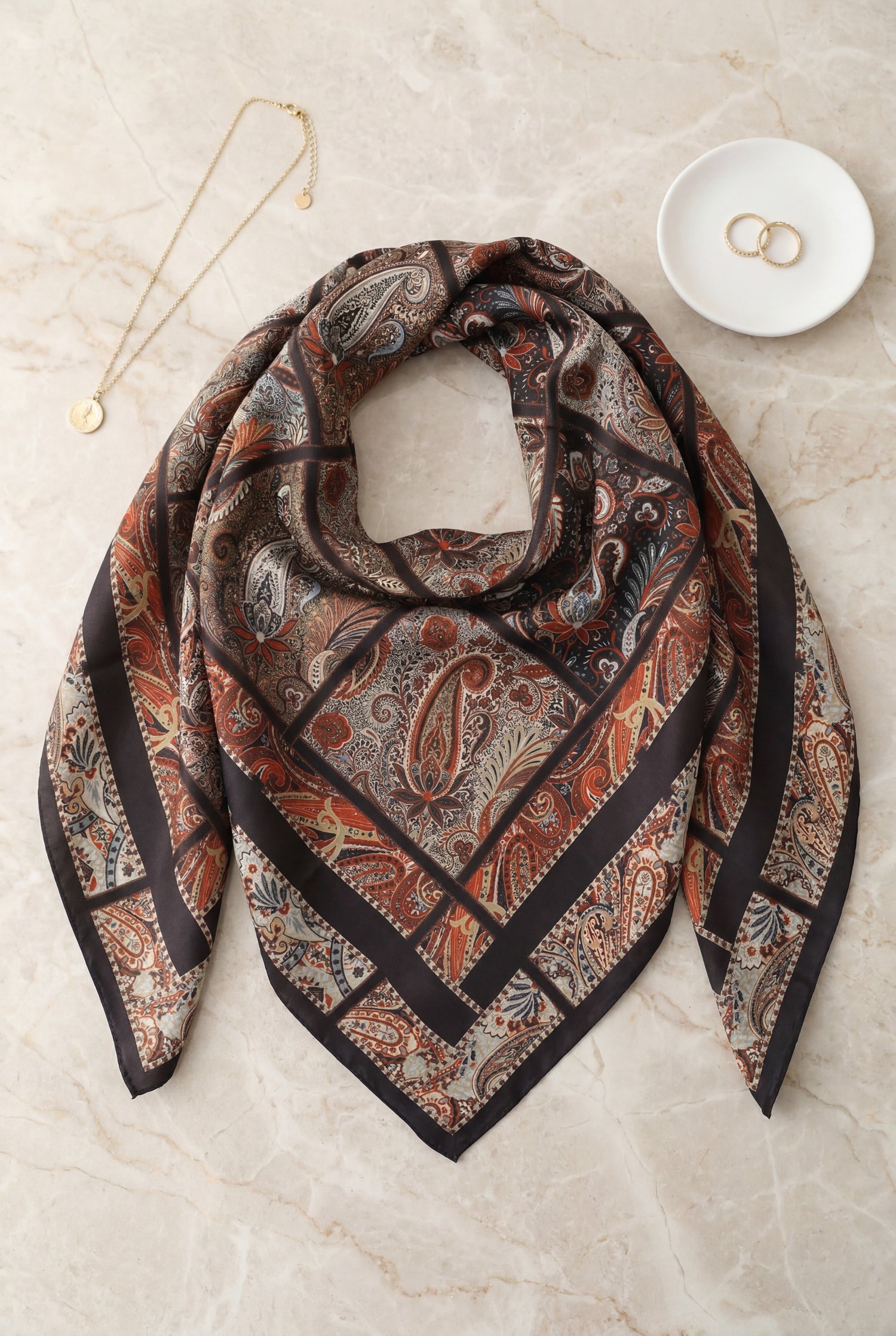 Geometrik Çerçeveli Rayon Eşarp -Kiremit