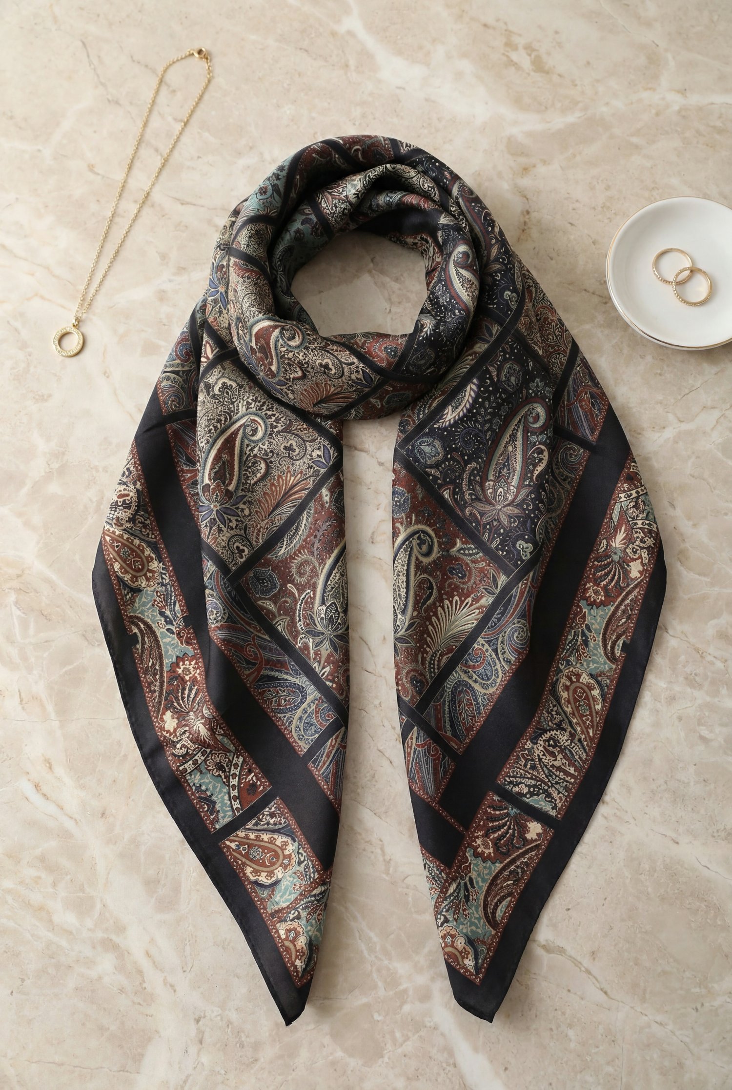 Geometrik Çerçeveli Rayon Eşarp -Koyu Bordo