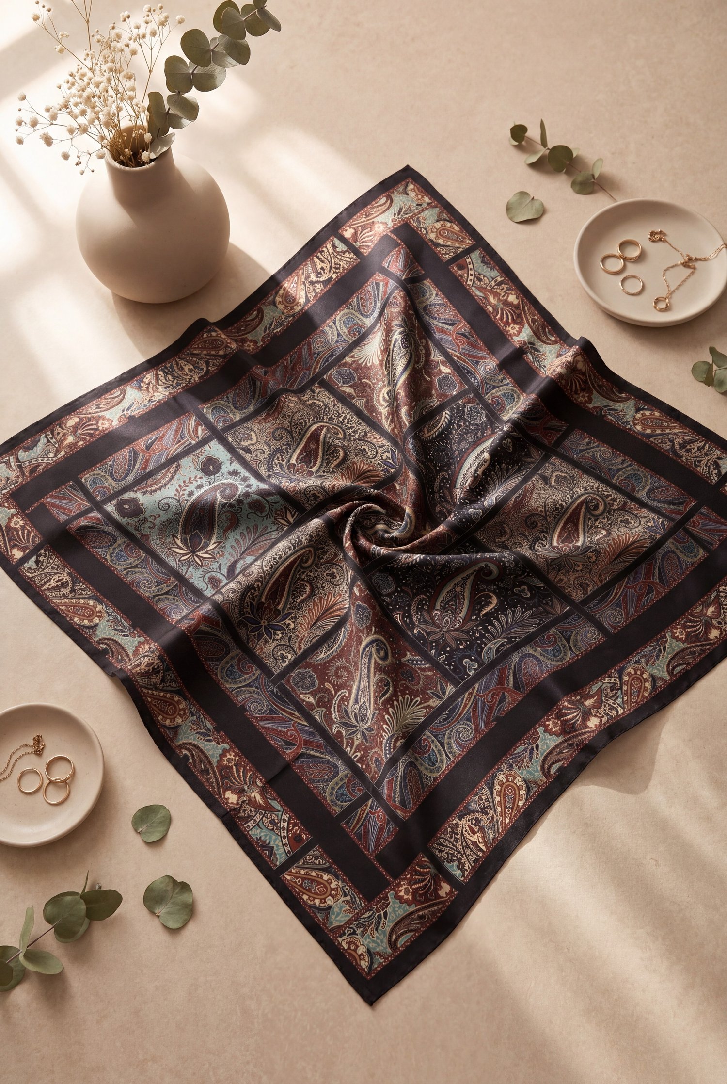 Geometrik Çerçeveli Rayon Eşarp -Koyu Bordo
