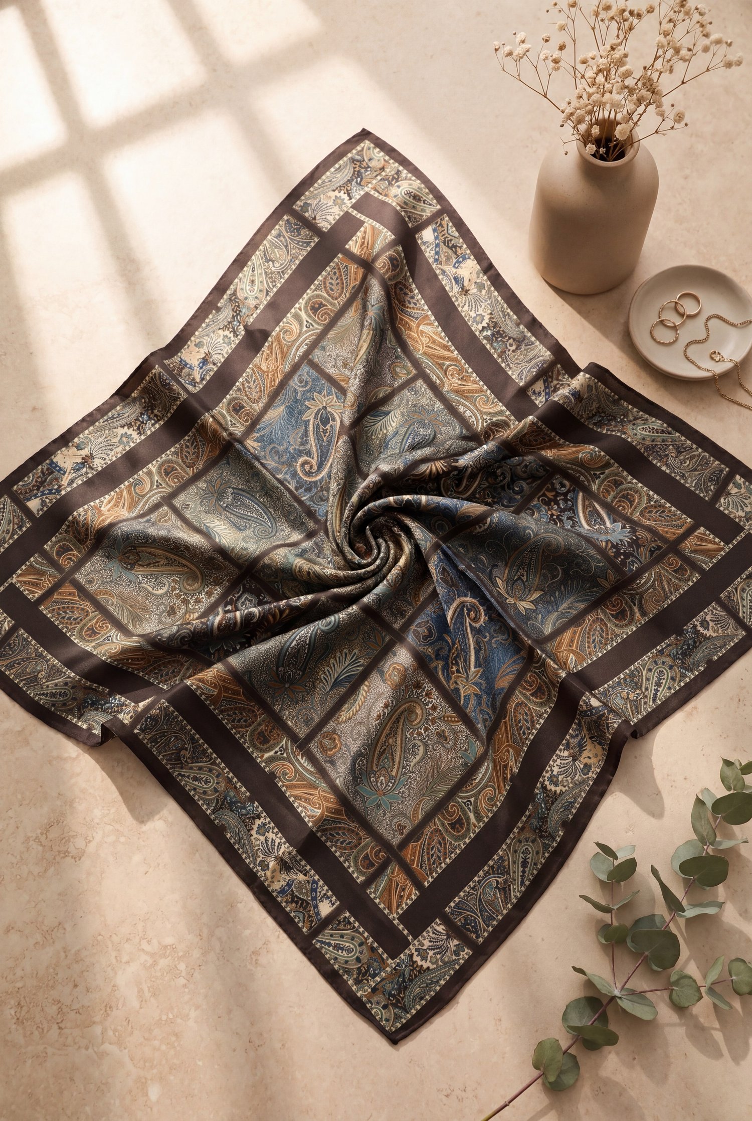 Geometrik Çerçeveli Rayon Eşarp -Koyu Kahverengi