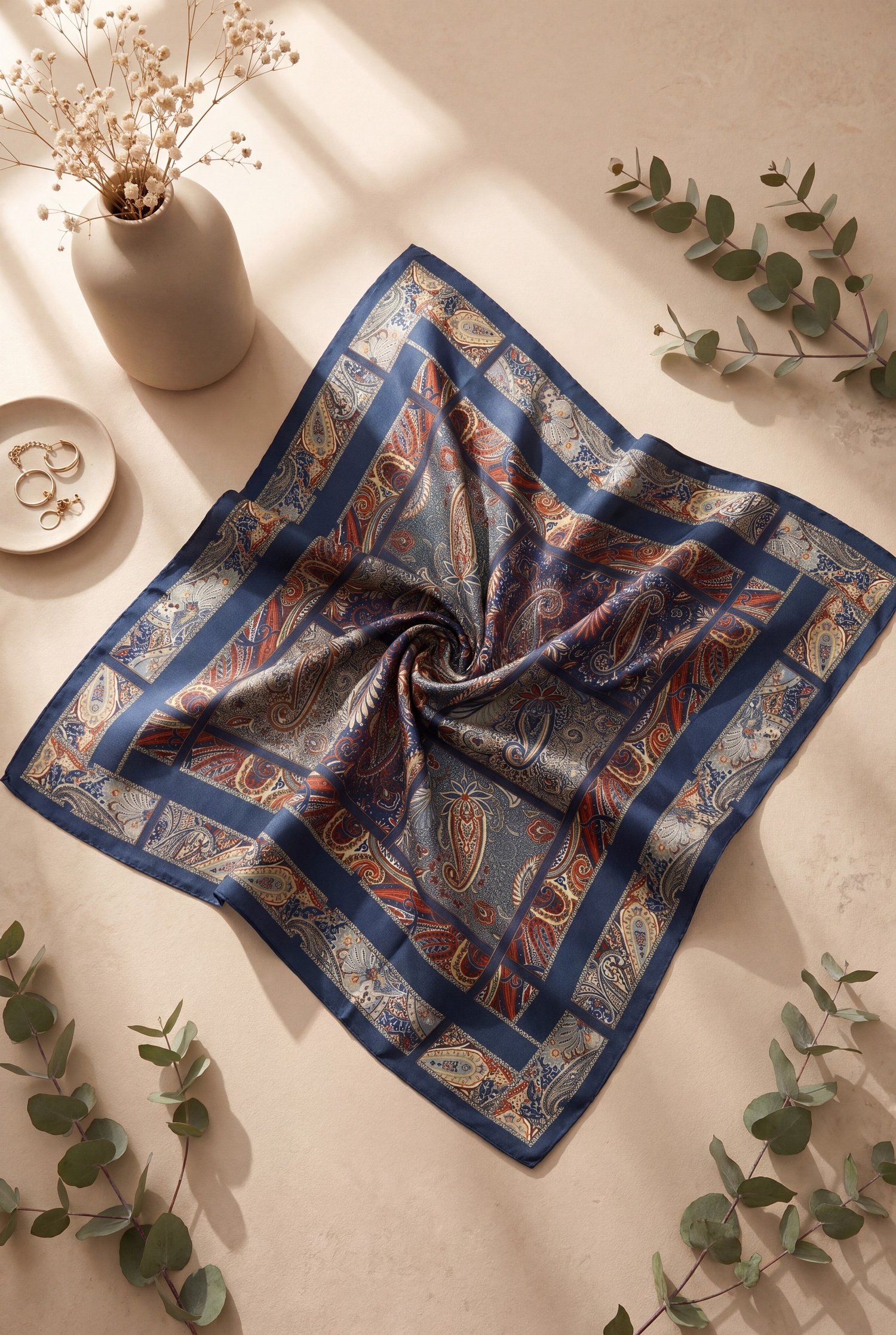 Geometrik Çerçeveli Rayon Eşarp -Lacivert
