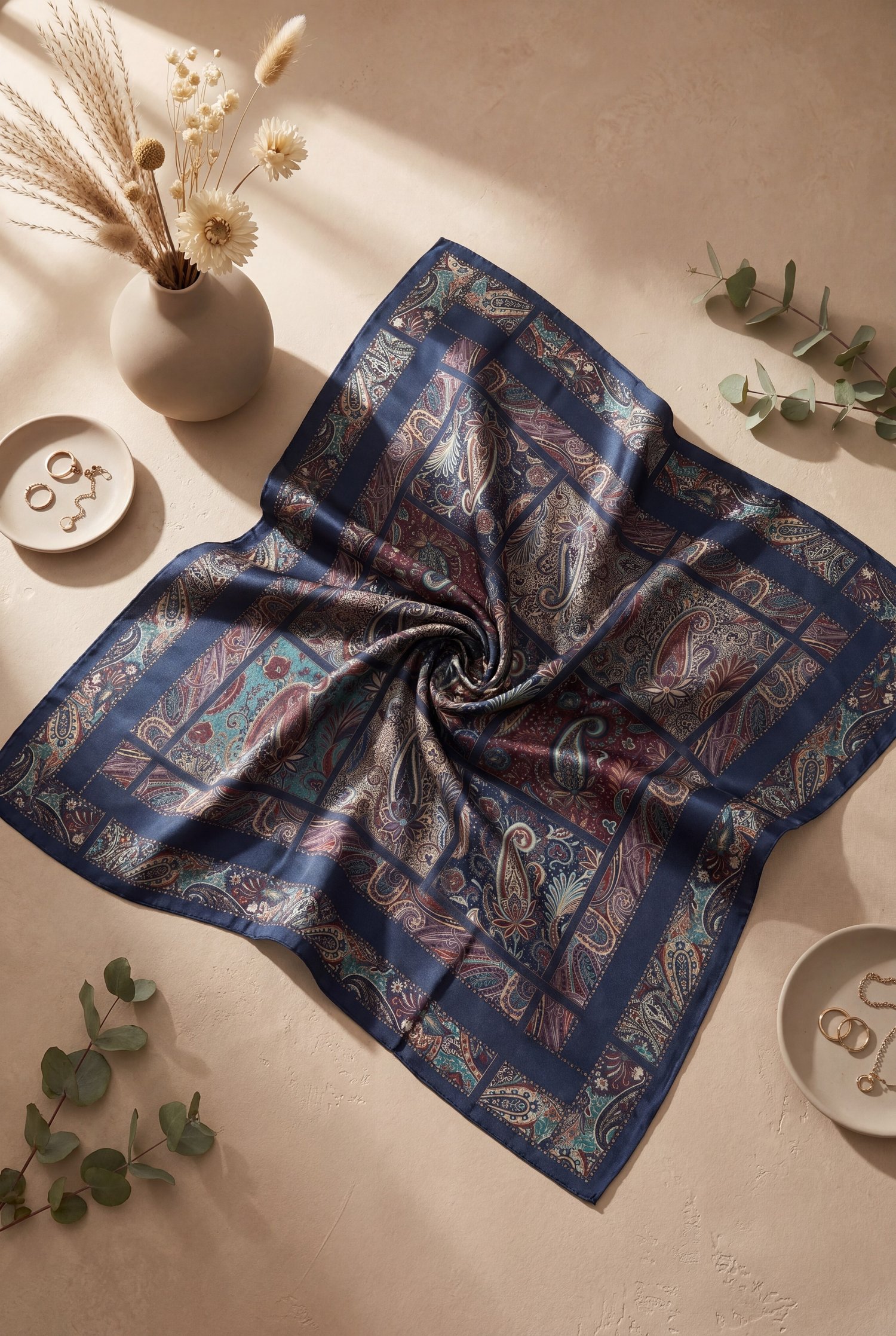 Geometrik Çerçeveli Rayon Eşarp -Petrol