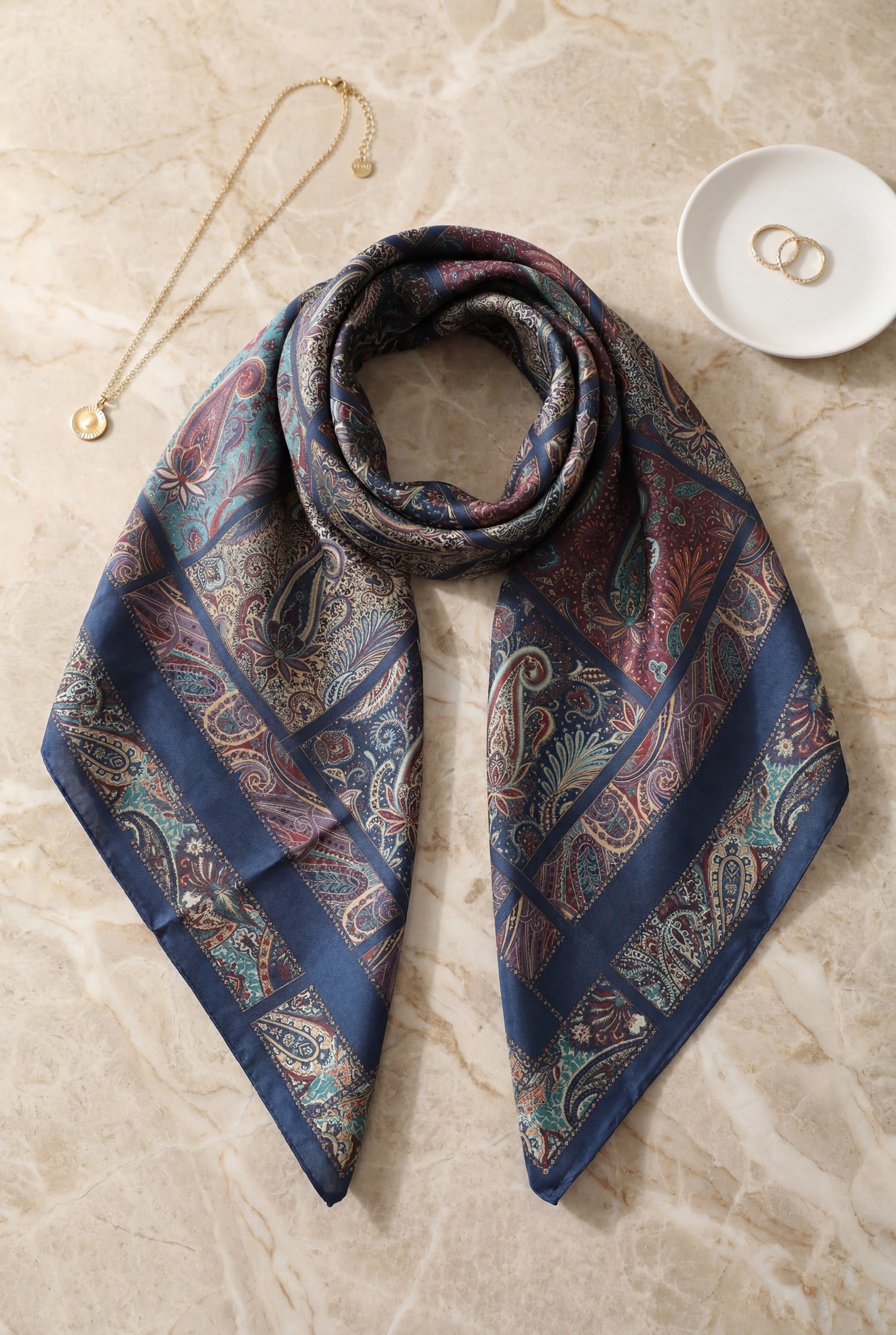 Geometrik Çerçeveli Rayon Eşarp -Petrol