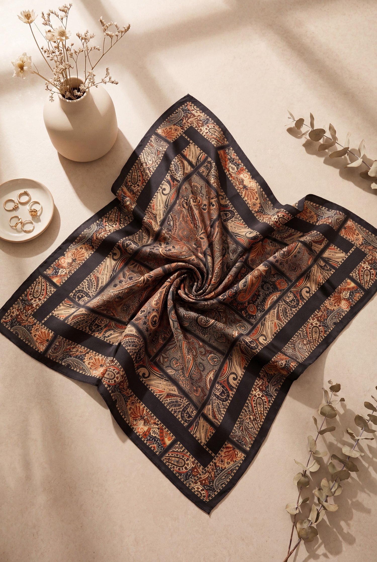 Geometrik Çerçeveli Rayon Eşarp -Siyah