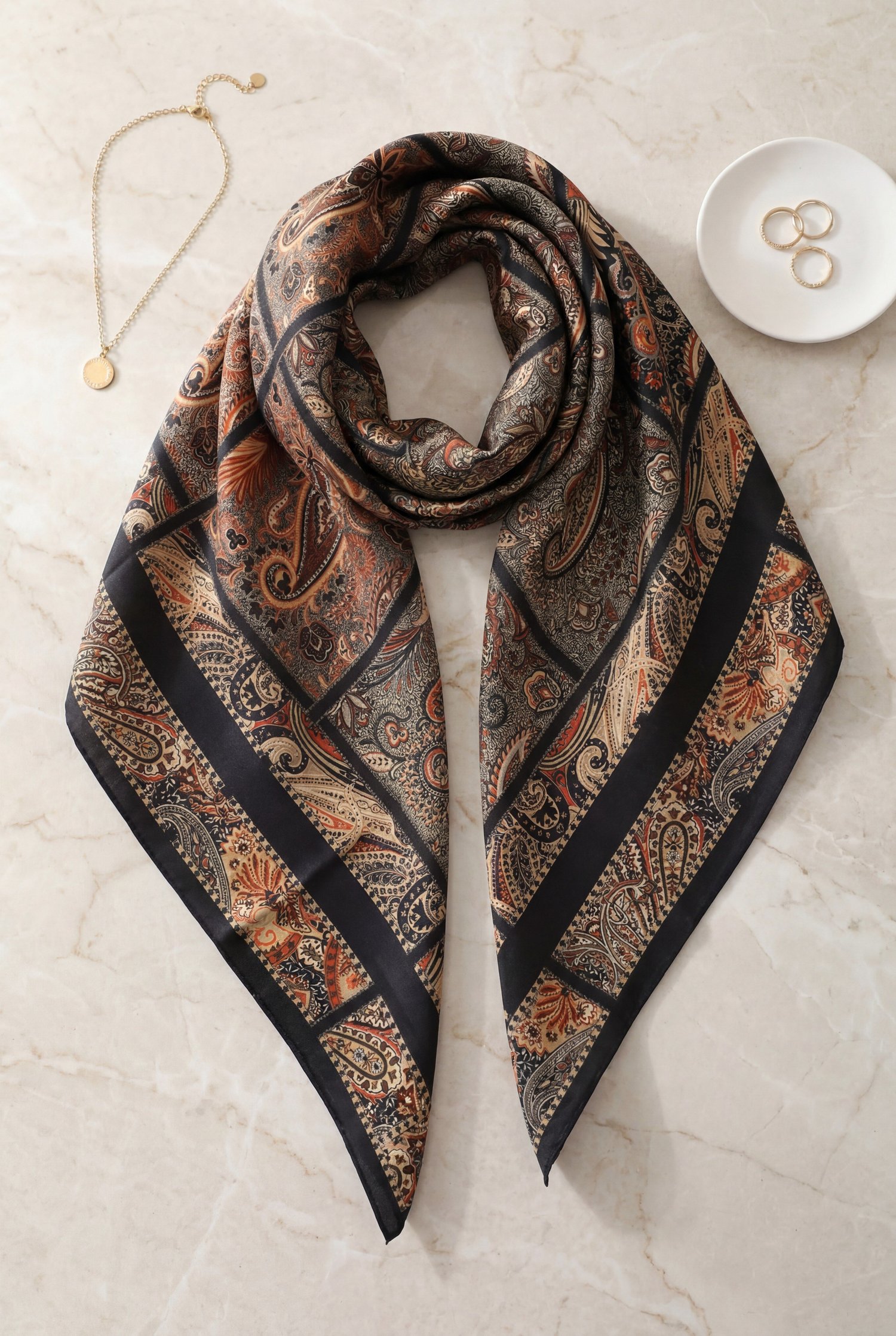 Geometrik Çerçeveli Rayon Eşarp -Siyah
