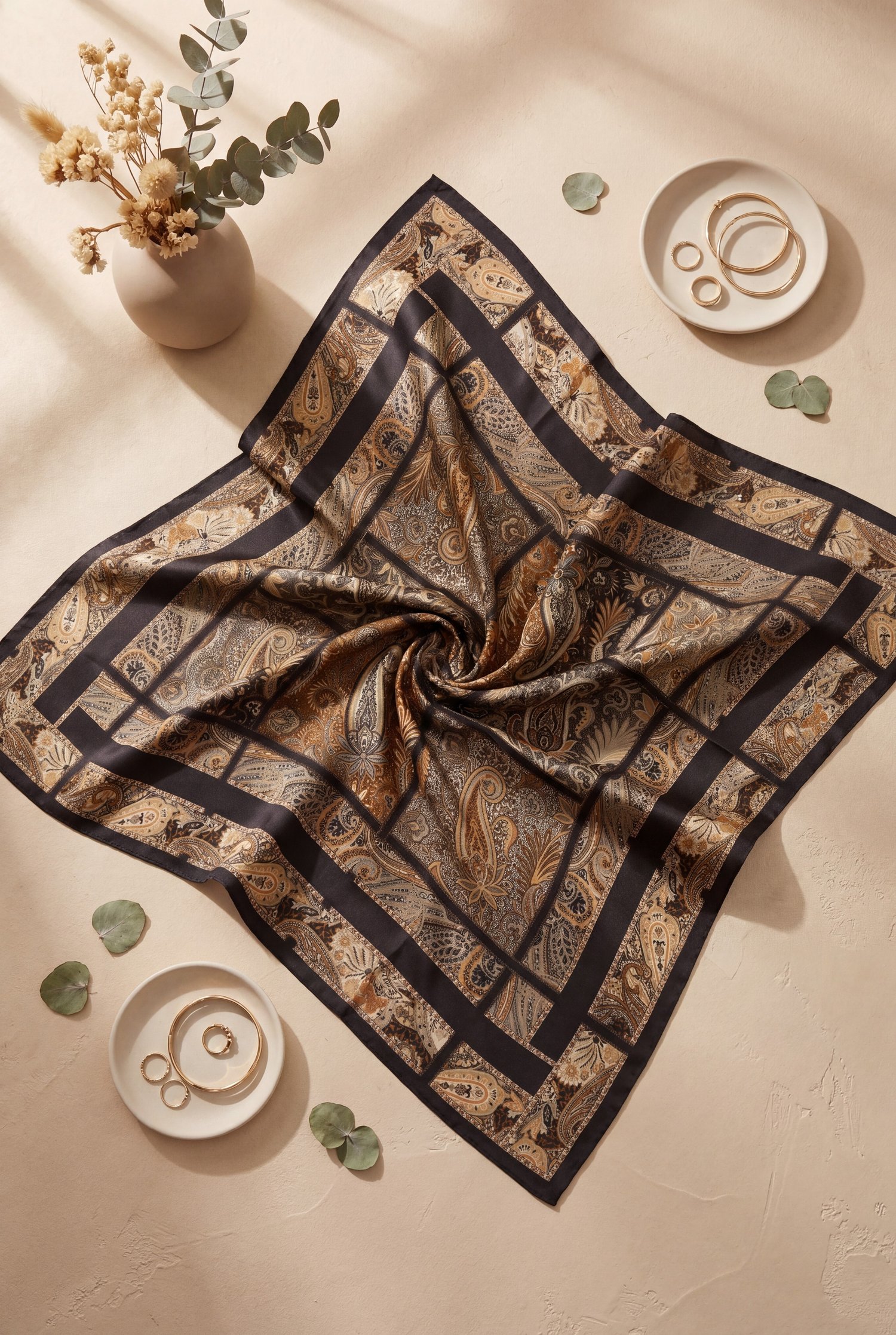 Geometrik Çerçeveli Rayon Eşarp -Taba