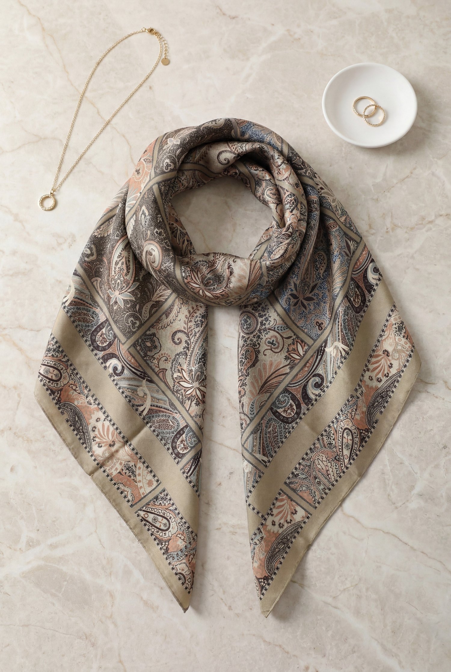 Geometrik Çerçeveli Rayon Eşarp -Yağ Yeşili