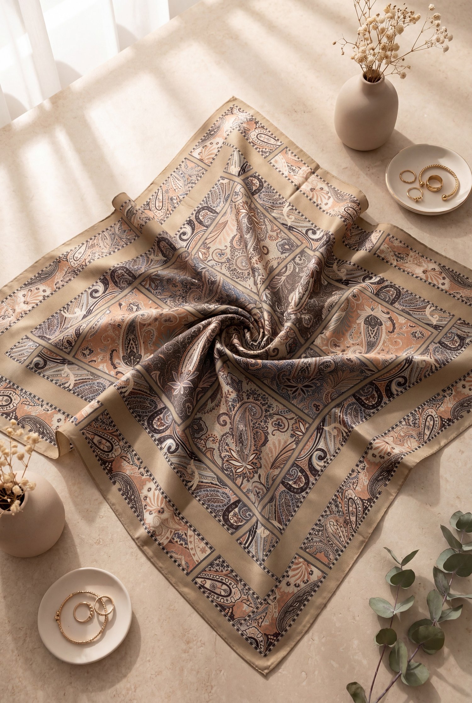 Geometrik Çerçeveli Rayon Eşarp -Yağ Yeşili