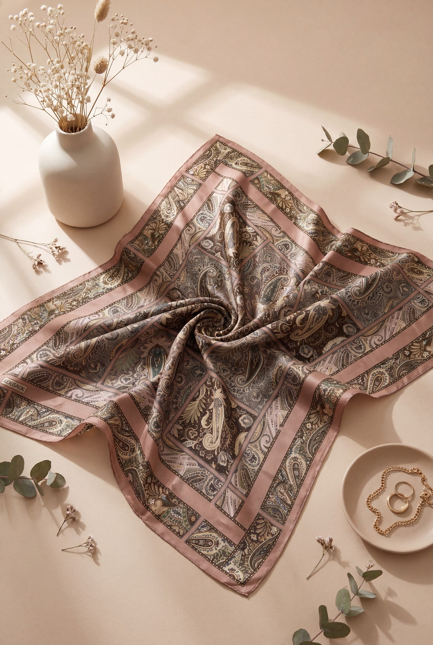 Geometrik Çerçeveli Rayon Eşarp -Yavruağzı