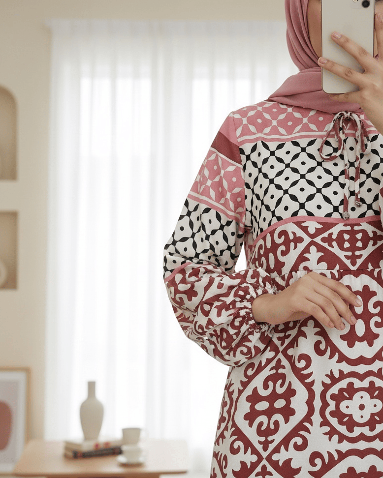 Geometrik Desenli Bağcıklı Kolu Lastikli Elbise -Gül Kurusu