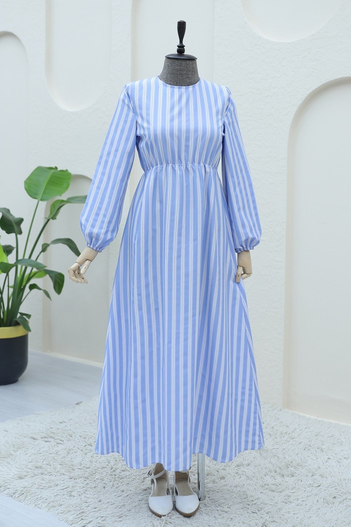Gömlek Yaka Bolero Detaylı Çizgili Uzun Elbise -Bebe Mavi