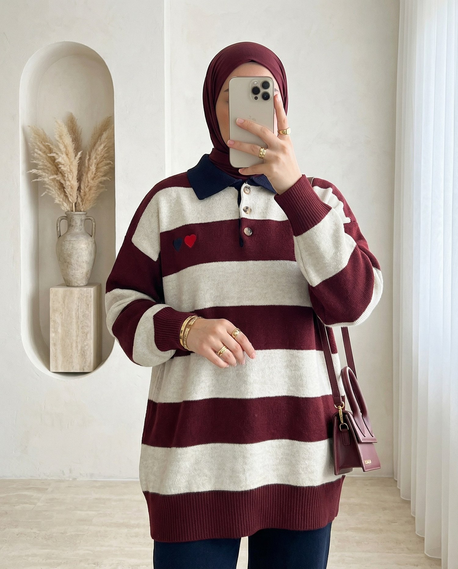 Gömlek Yaka Düğmeli Kalp Nakışlı Triko Tunik -Bordo