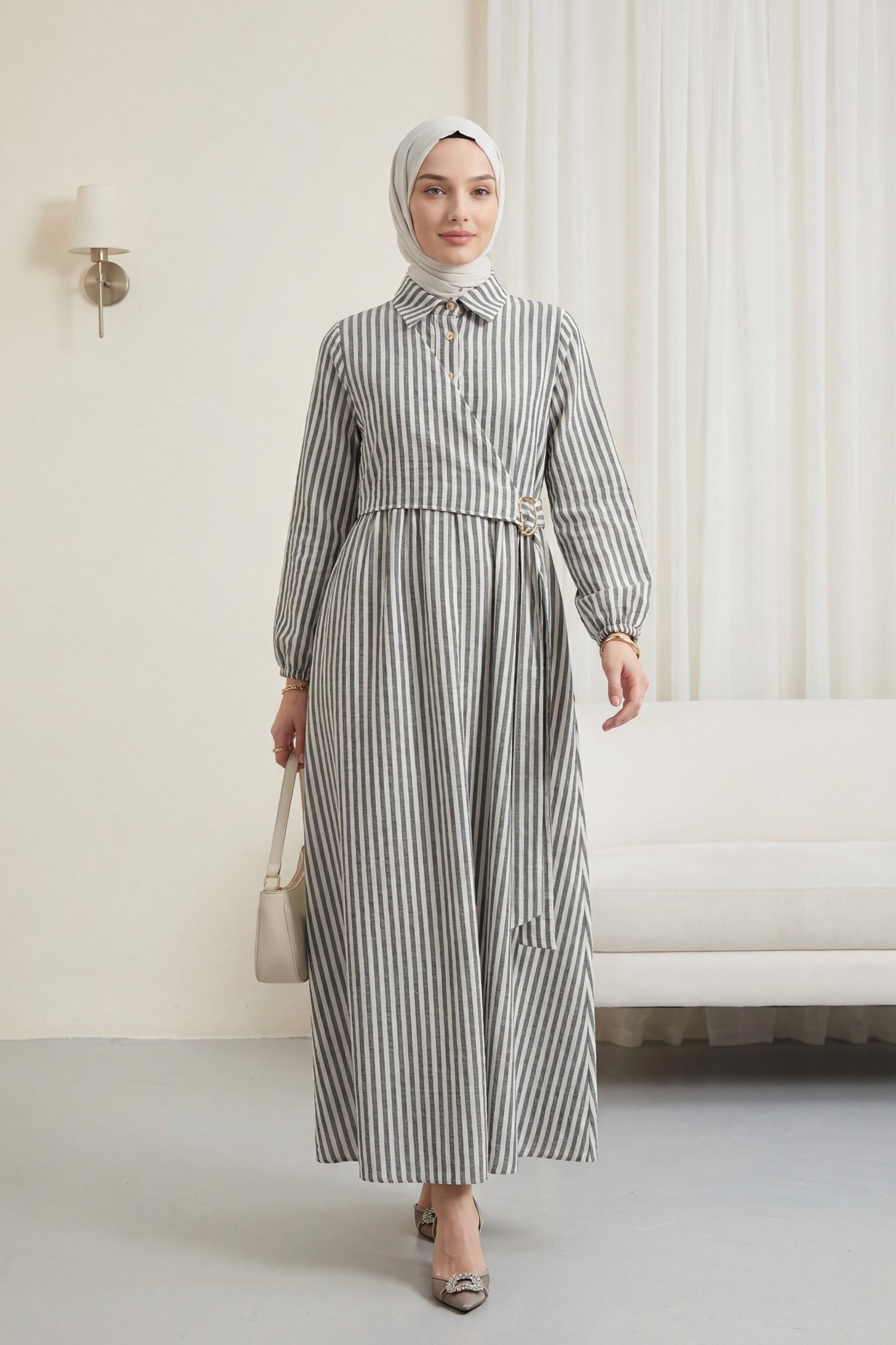 Gömlek Yaka Yarım Düğmeli Tokalı Yan Bağlamalı Çizgili Keten Elbise -Antrasit