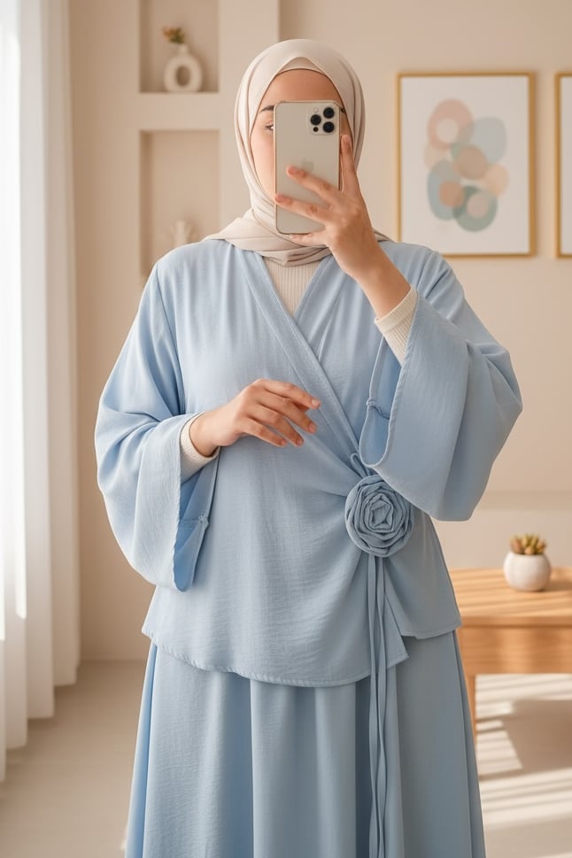 Gül Broşlu Yandan Bağlamalı Ceket Etek Keten Görünümlü Takım -Bebe Mavi