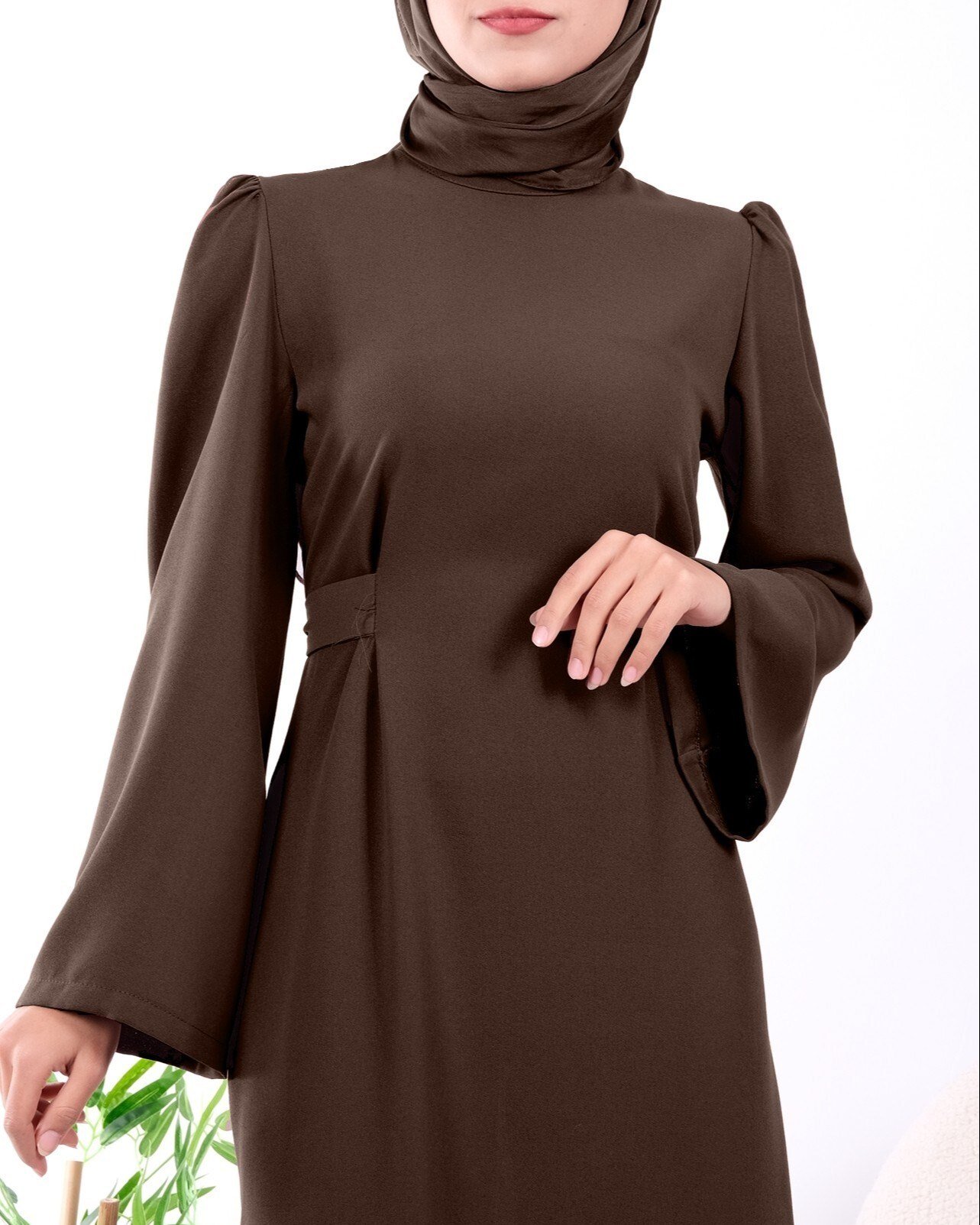 Hakim Yaka Belden Bağlamalı Elbise       -Toprak