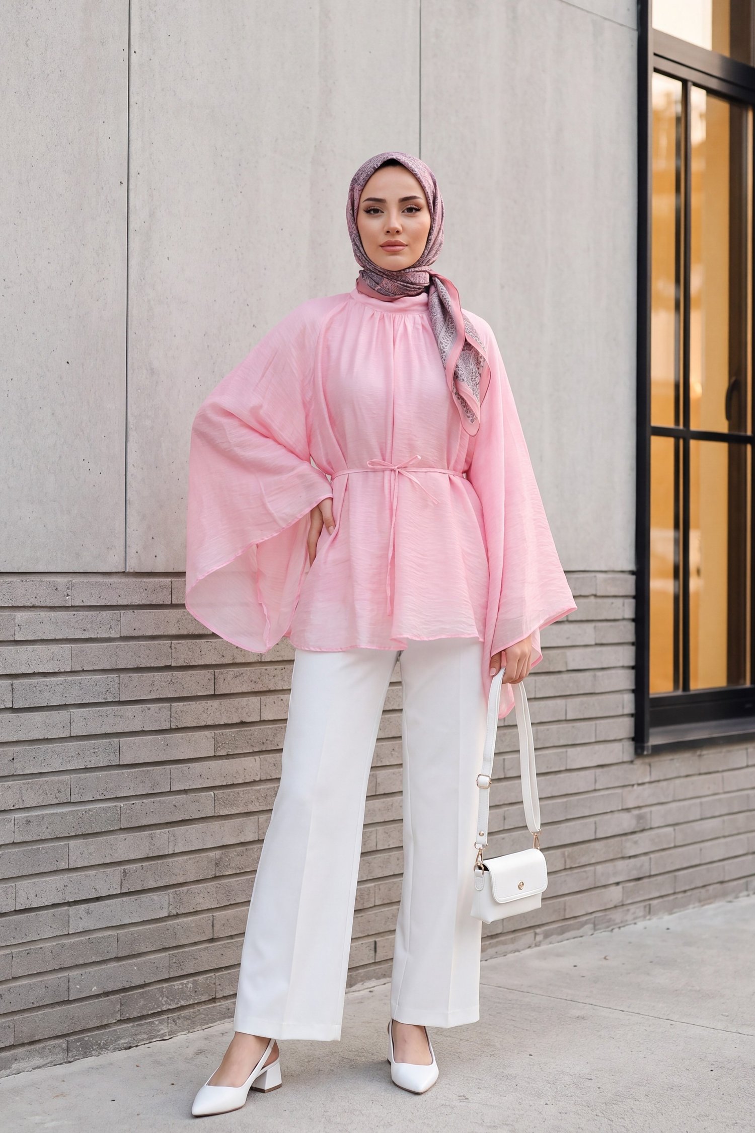Hakim Yaka Kemerli Astarlı İspanyol Kol Oversize Liyosel Tunik -Pembe