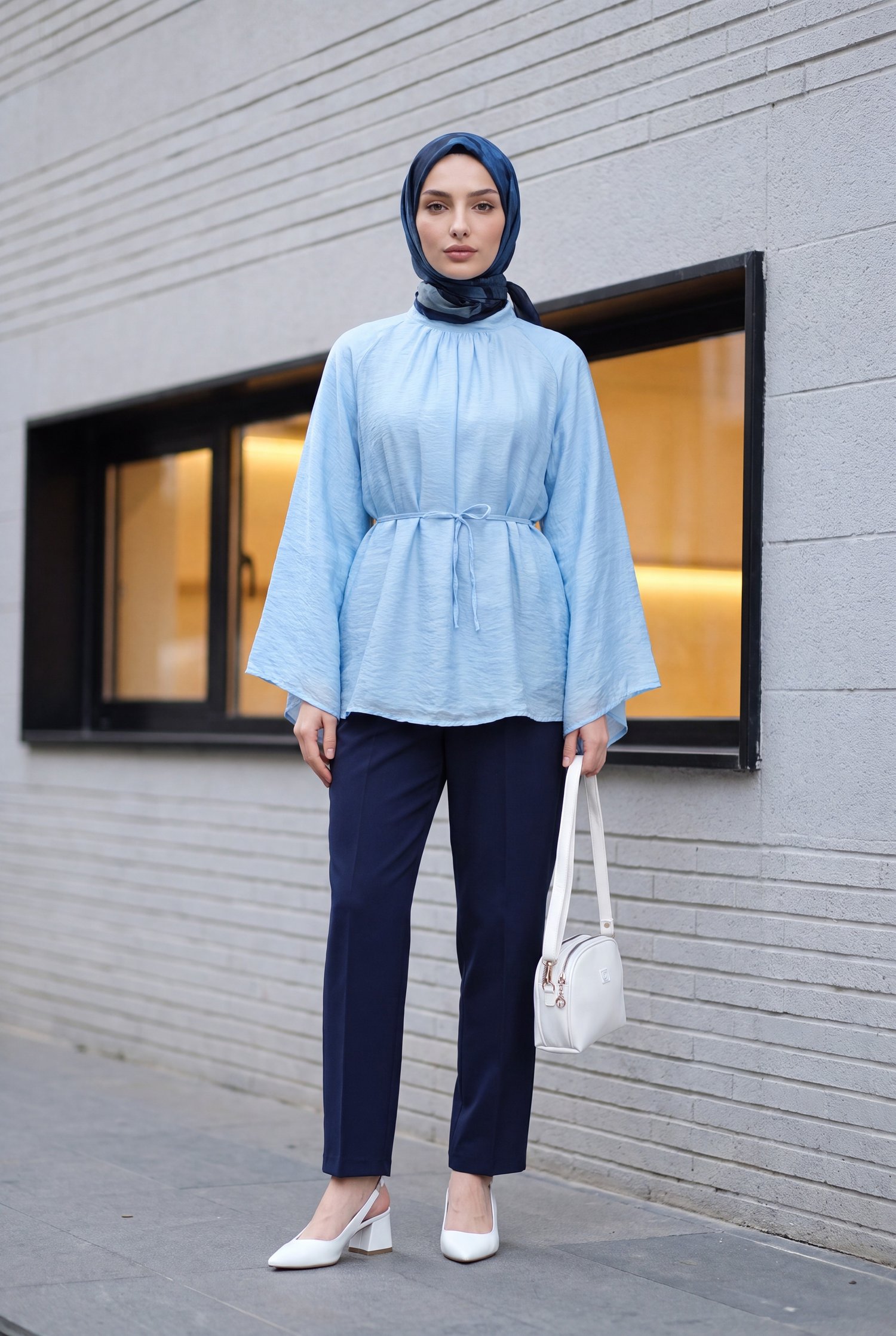 Hakim Yaka Kemerli Astarlı İspanyol Kol Oversize Liyosel Tunik -Bebe Mavi