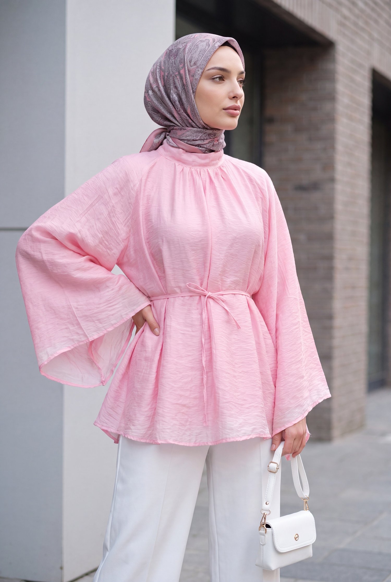 Hakim Yaka Kemerli Astarlı İspanyol Kol Oversize Liyosel Tunik -Pembe