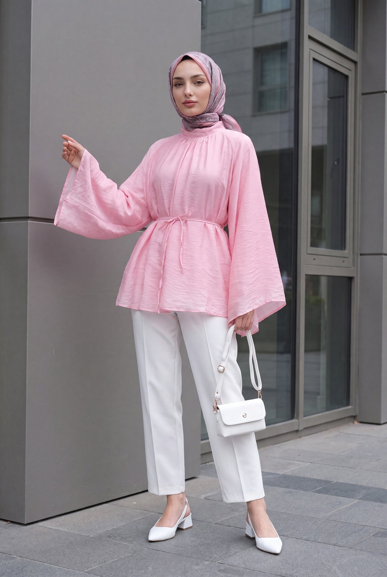Hakim Yaka Kemerli Astarlı İspanyol Kol Oversize Liyosel Tunik -Pembe