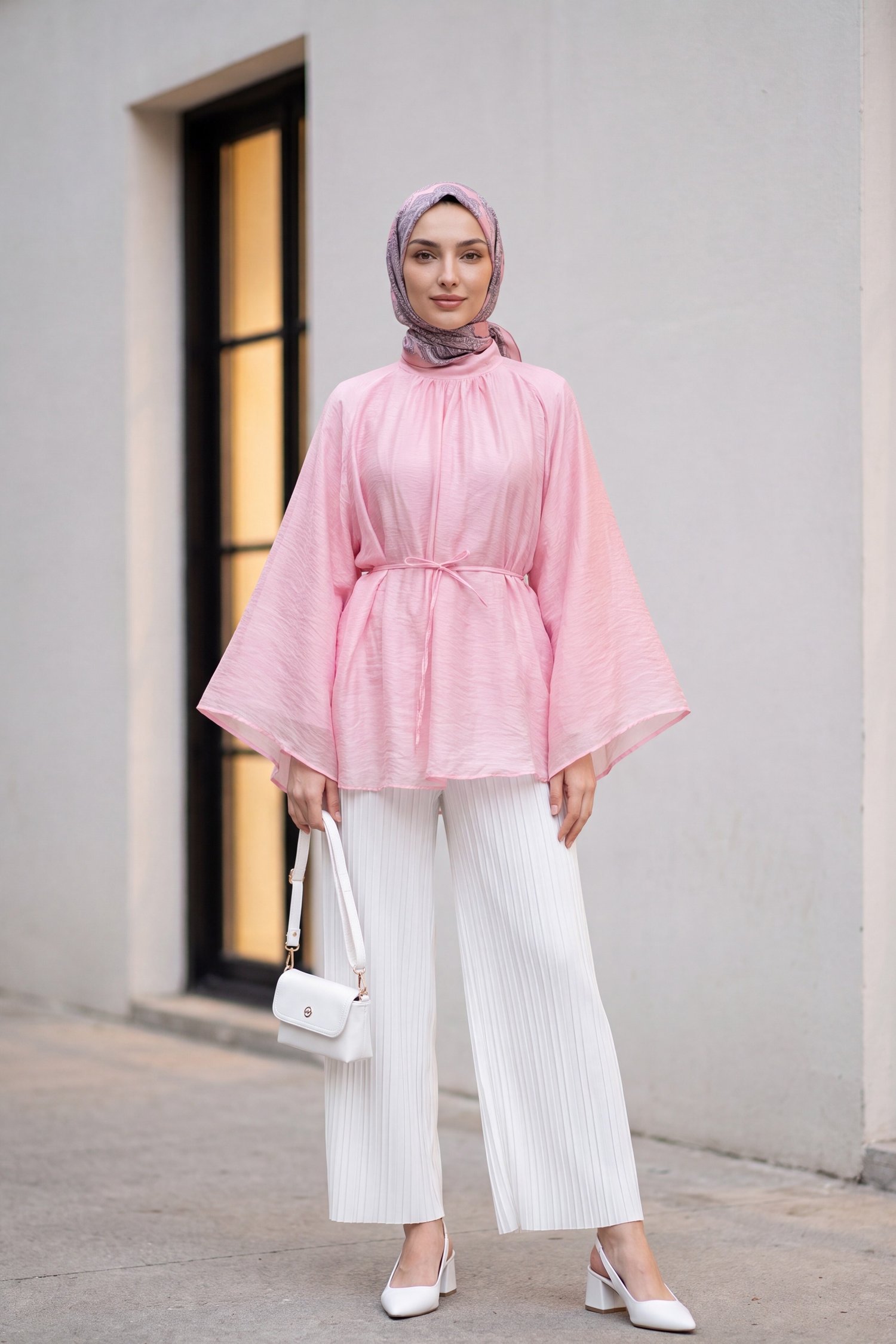 Hakim Yaka Kemerli Astarlı İspanyol Kol Oversize Liyosel Tunik -Pembe