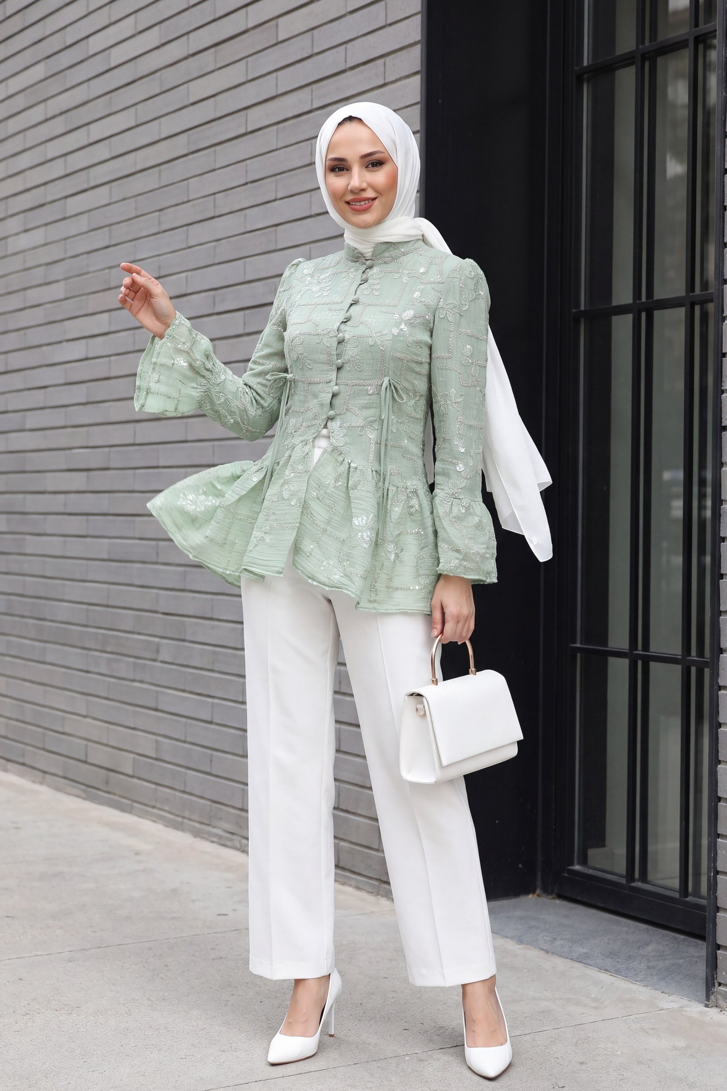 Hakim Yaka Önü Düğmeli Astarlı Fırfırlı Poliviskon Tunik  -Su Yeşili