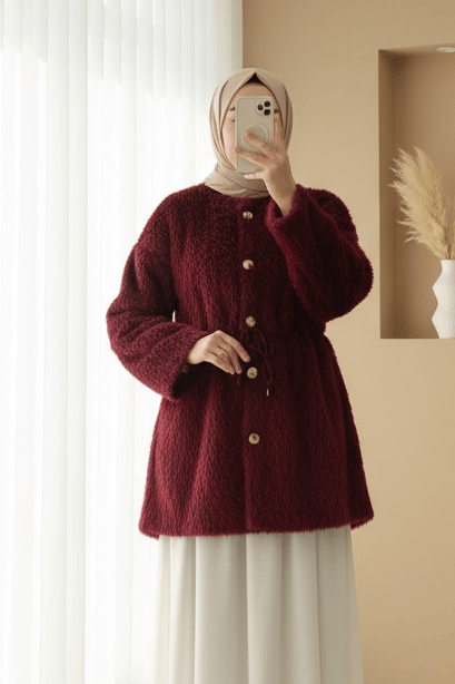 İçi Astarlı Beli Büzgülü Kürklü Ceket -Bordo