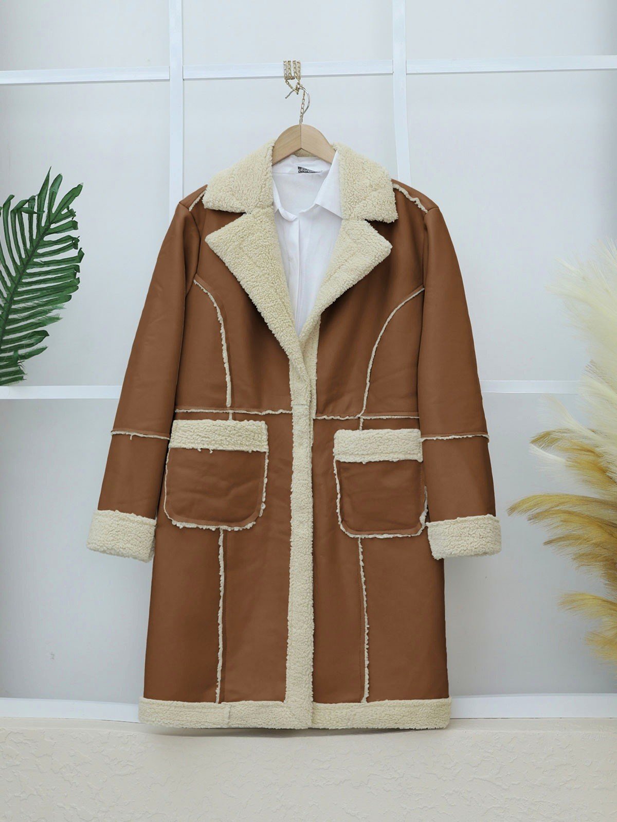 İçi Peluşlu Çıtçıtlı Cepli Deri Mont -Taba
