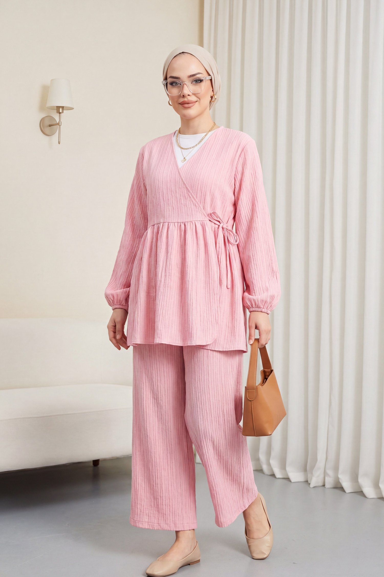 İçten Bağlamalı Tunik Bol Paça Pantolonlu Takım -Pembe
