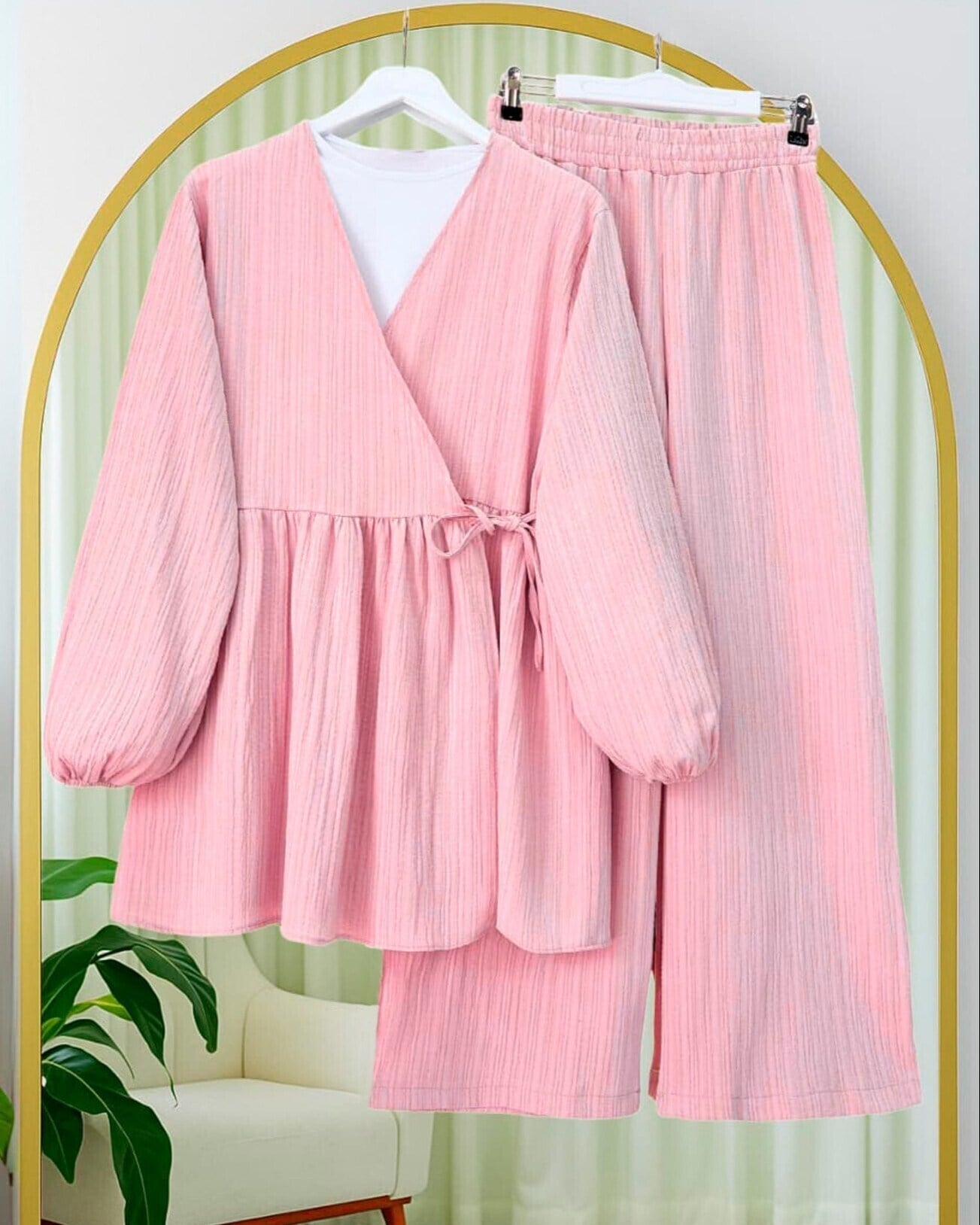 İçten Bağlamalı Tunik Bol Paça Pantolonlu Takım -Pembe
