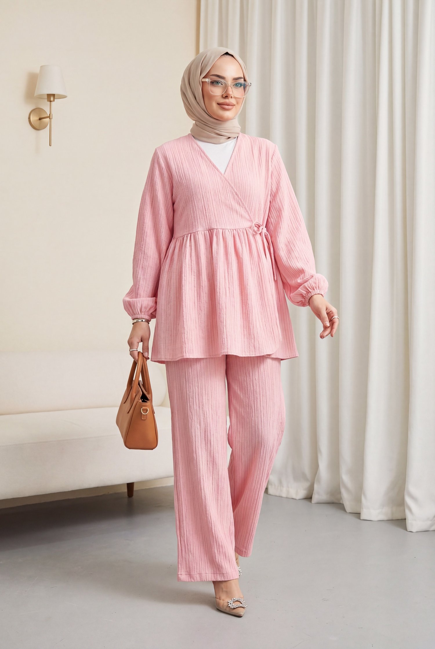 İçten Bağlamalı Tunik Bol Paça Pantolonlu Takım -Pembe
