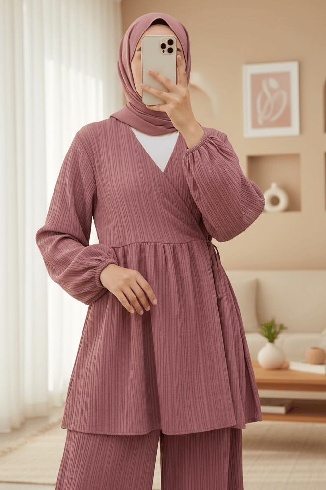 İçten Bağlamalı Tunik Bol Paça Pantolonlu Takım -Vişne