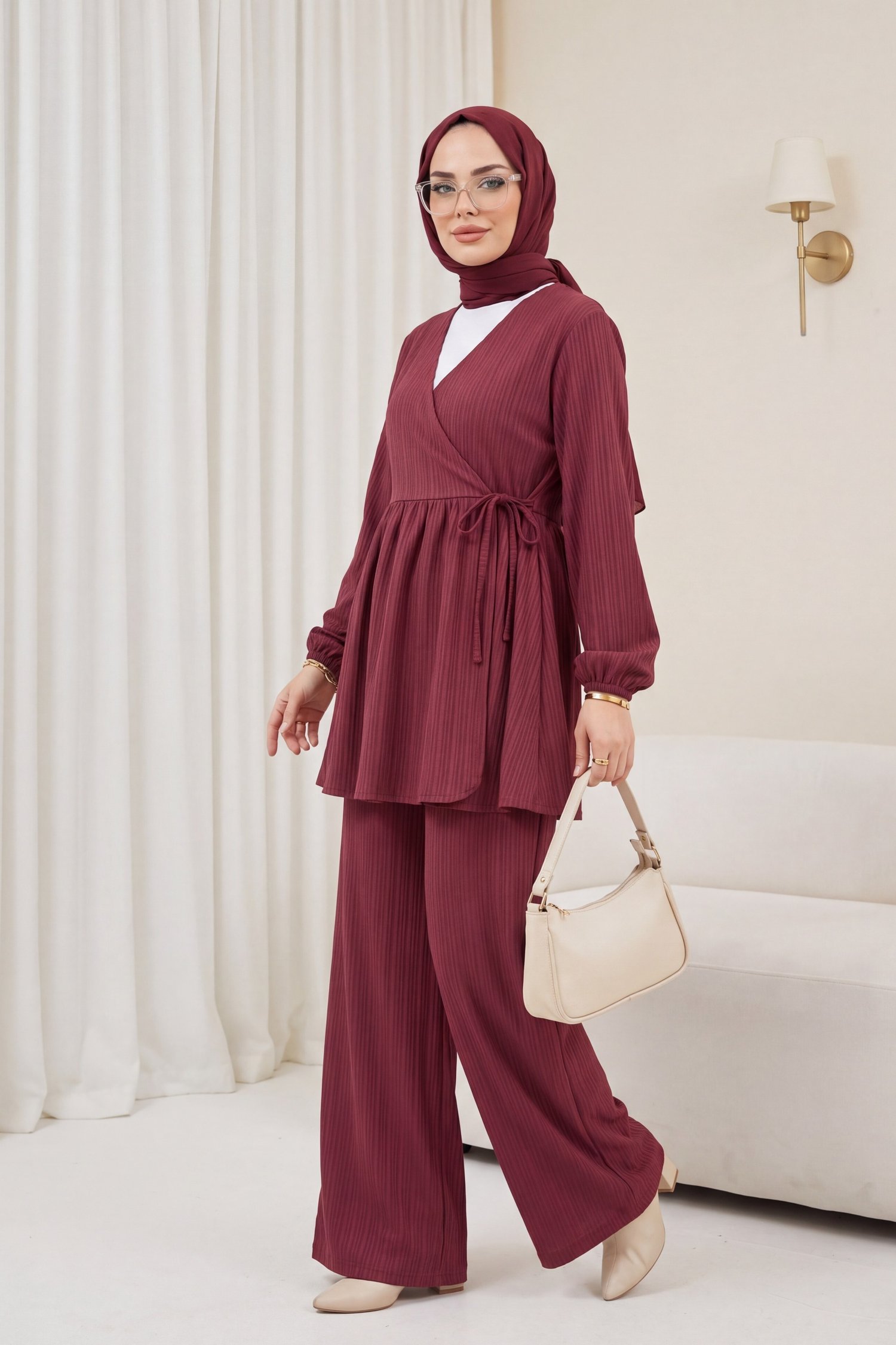 İçten Bağlamalı Tunik Bol Paça Pantolonlu Takım -Bordo