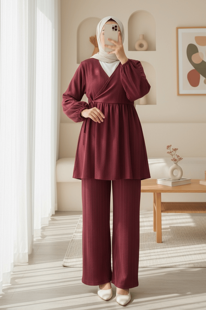 İçten Bağlamalı Tunik Bol Paça Pantolonlu Takım -Bordo