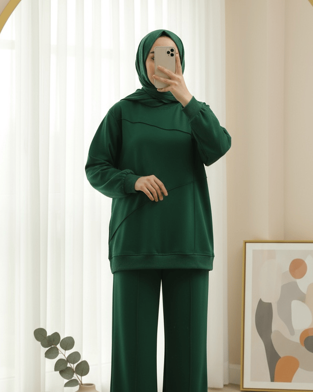 İki İp Çimalı Pantolonlu Penye Takım -Zümrüt
