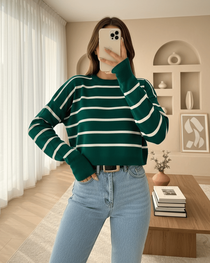 İnce Çizgili Crop Triko Kazak -Zümrüt