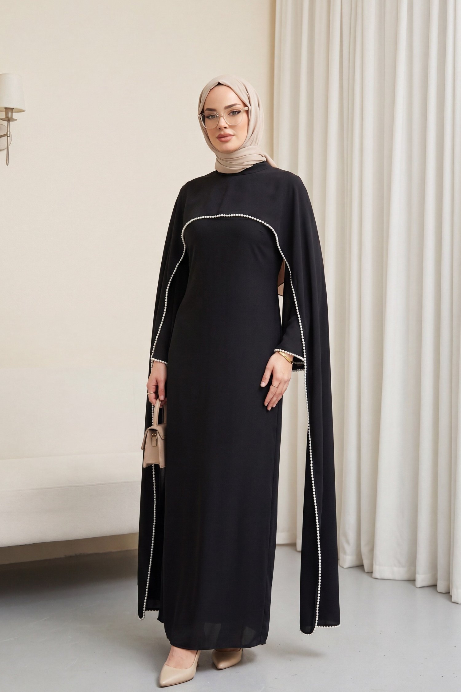 İnci Detaylı Çıkarılabilir Pelerinli İspanyol Kol Astarlı Krep Abaya Elbise -Siyah