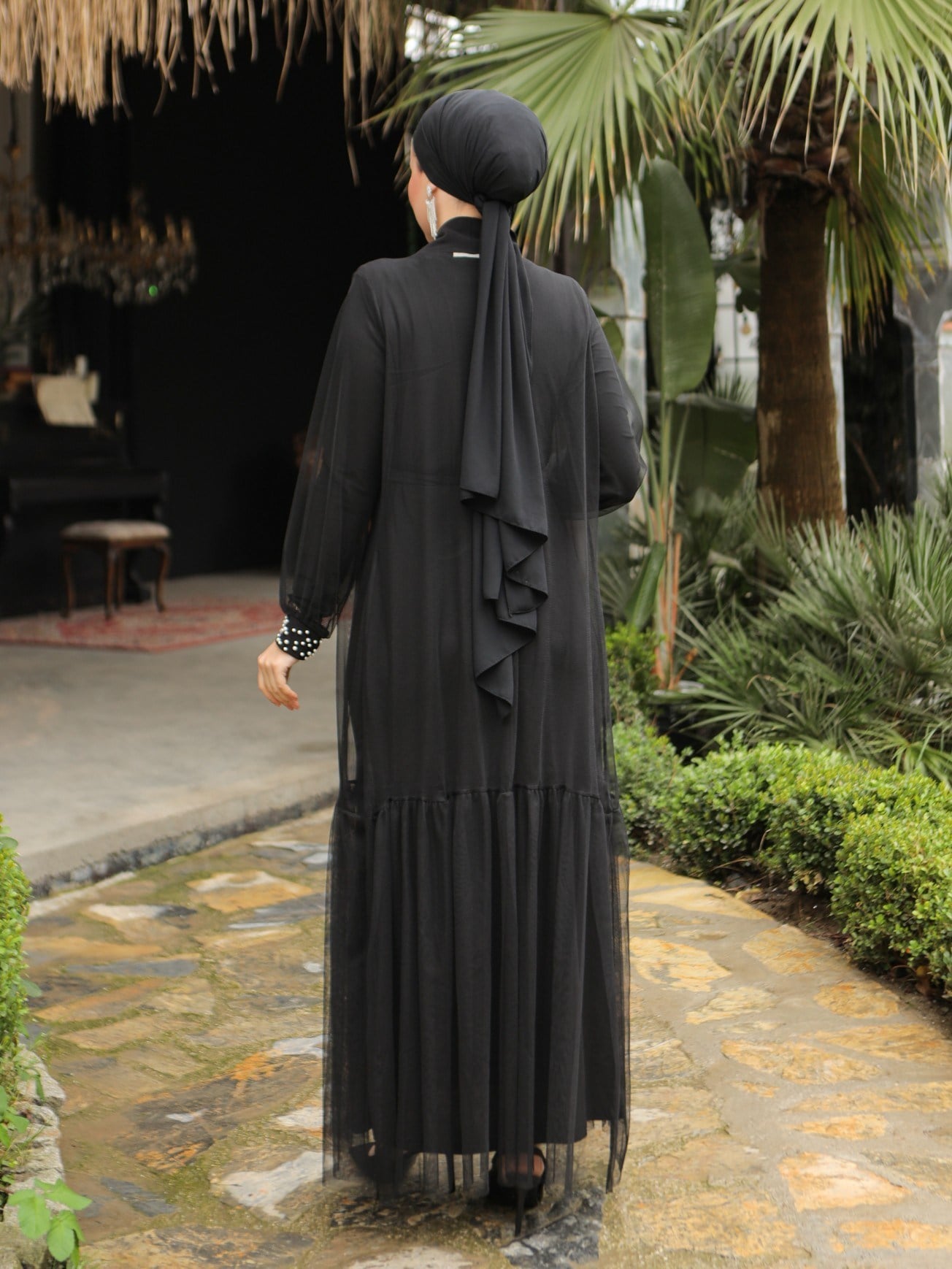İnci Detaylı Kuşaklı İkili Abaya  -Siyah