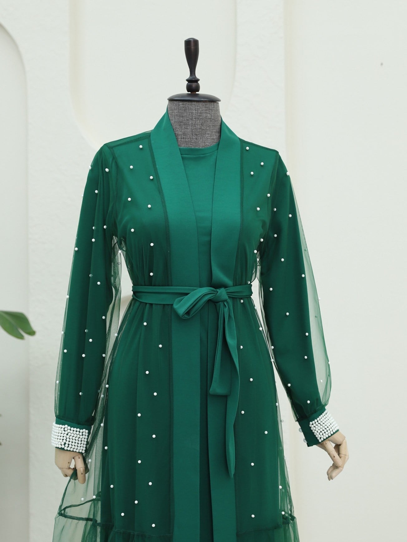 İnci Detaylı Kuşaklı İkili Abaya  -Yeşil