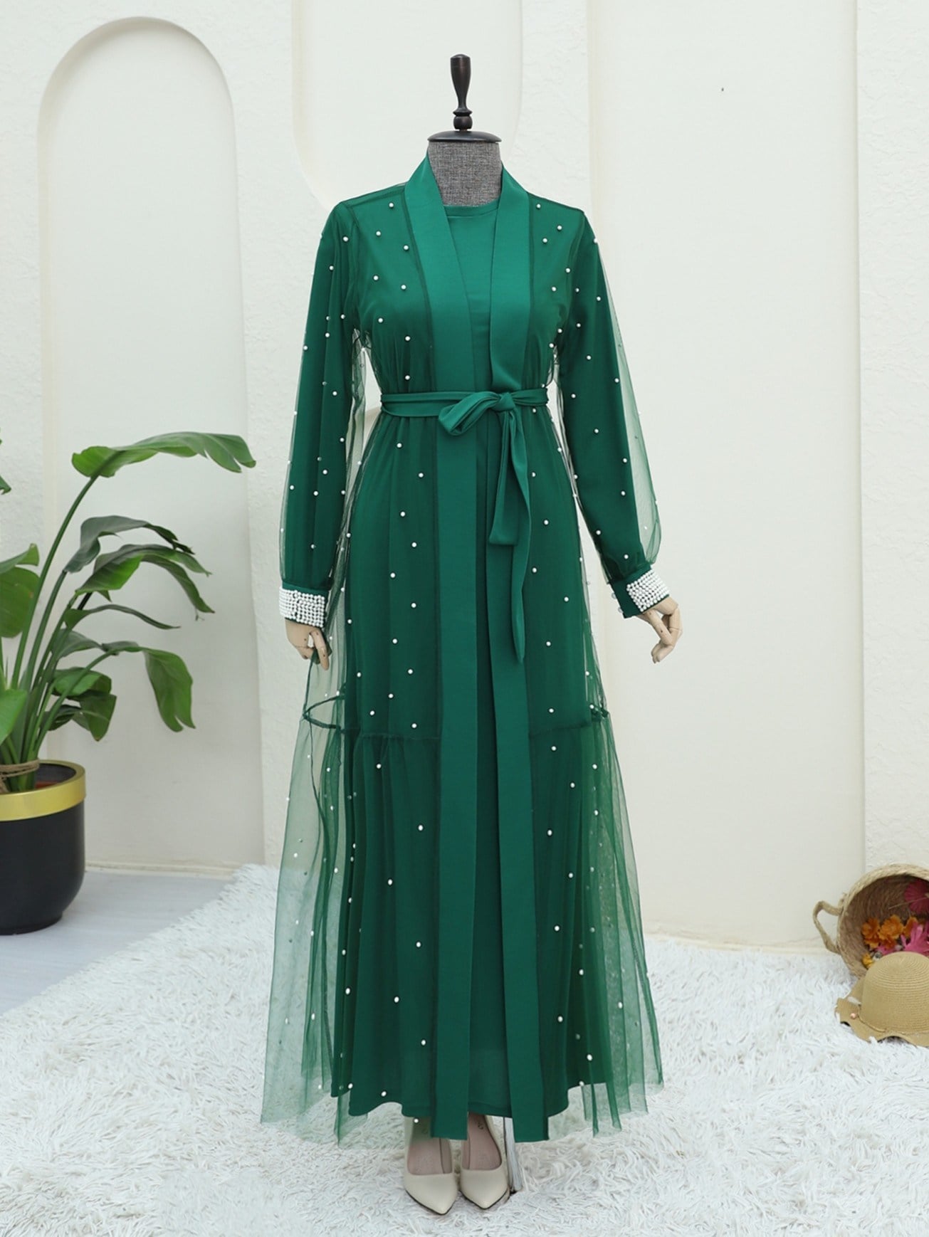 İnci Detaylı Kuşaklı İkili Abaya  -Yeşil