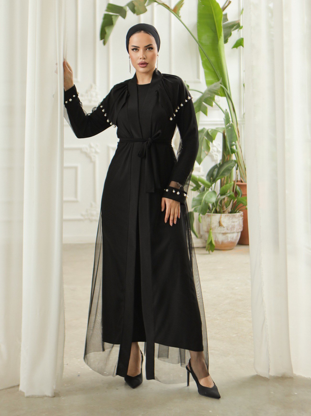 İnci Detaylı Tül Hırkalı Sendy Abaya -Siyah
