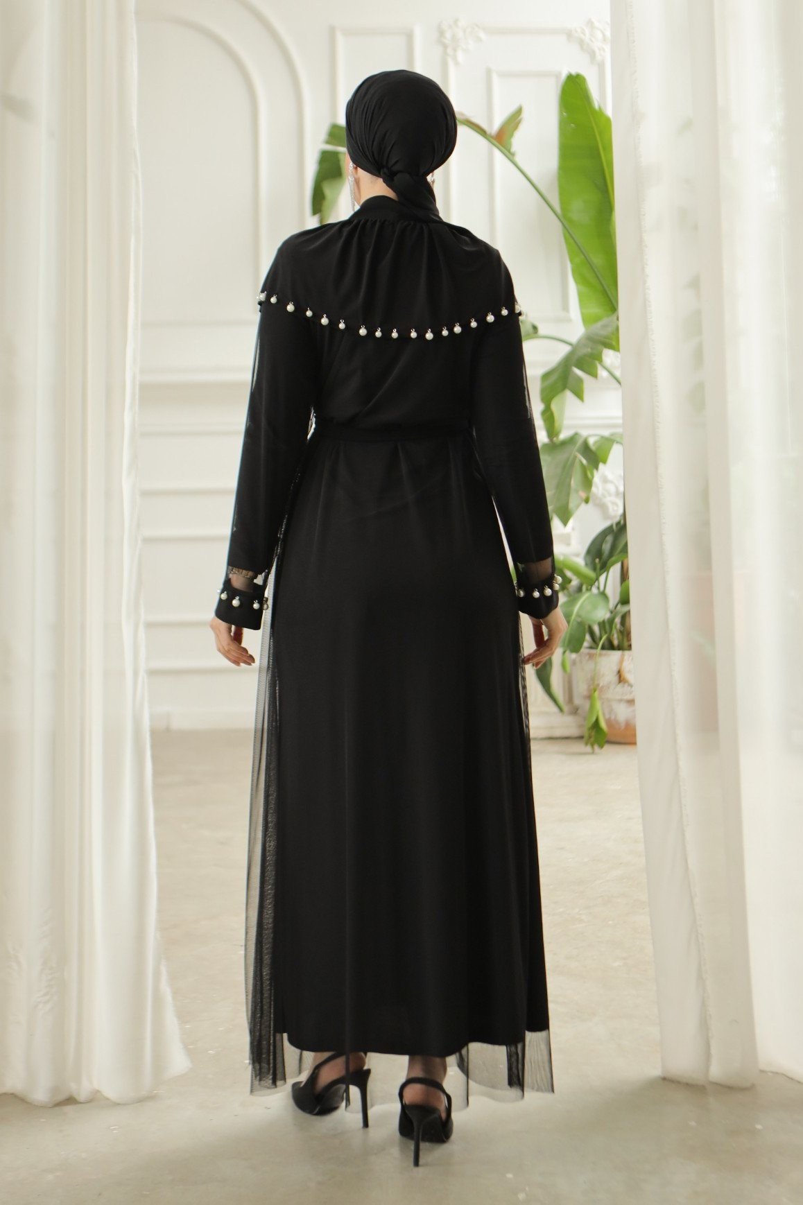 İnci Detaylı Tül Hırkalı Sendy Abaya -Siyah