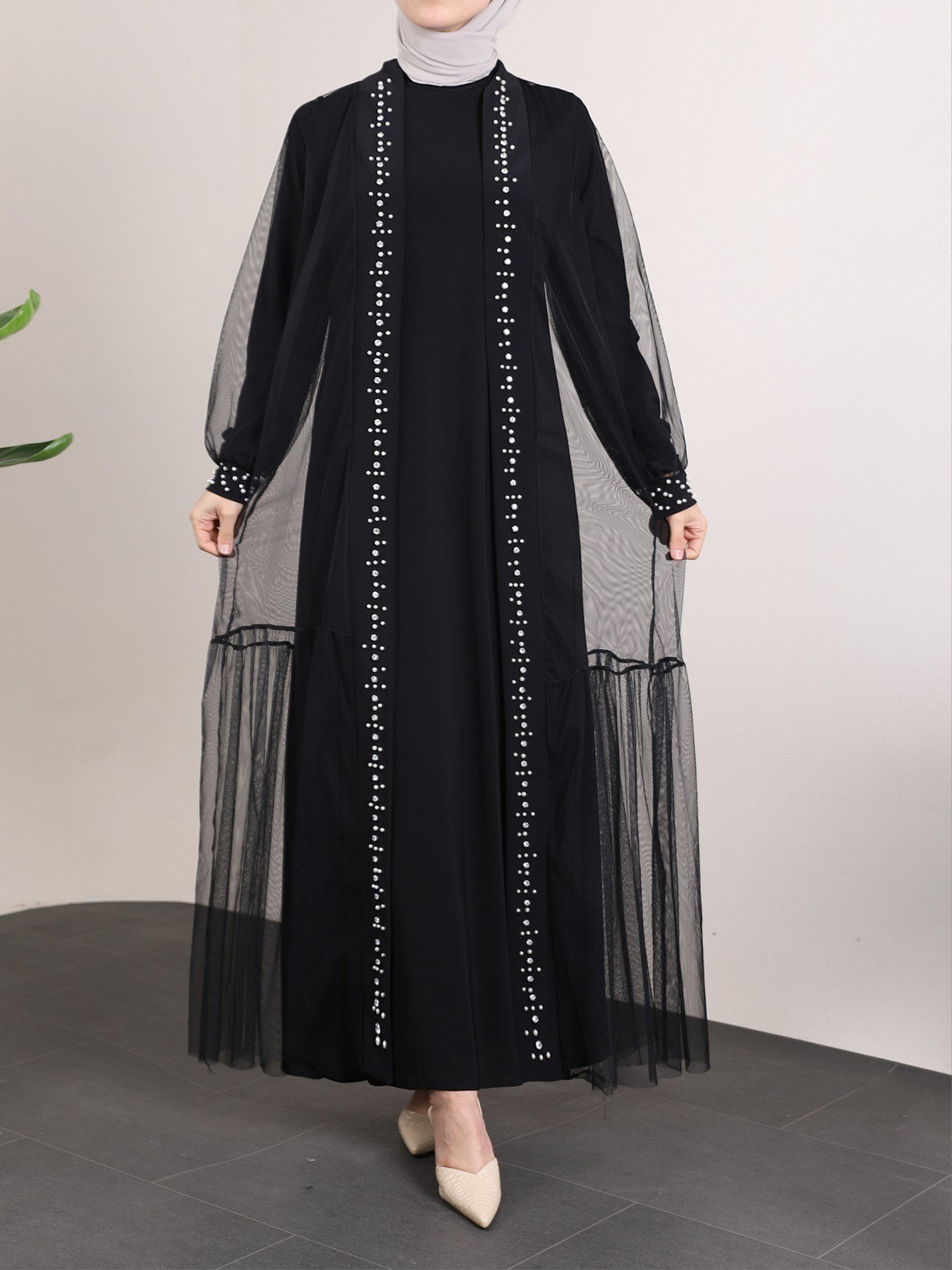 İncili Taşlı İkili Abaya Takım -Siyah