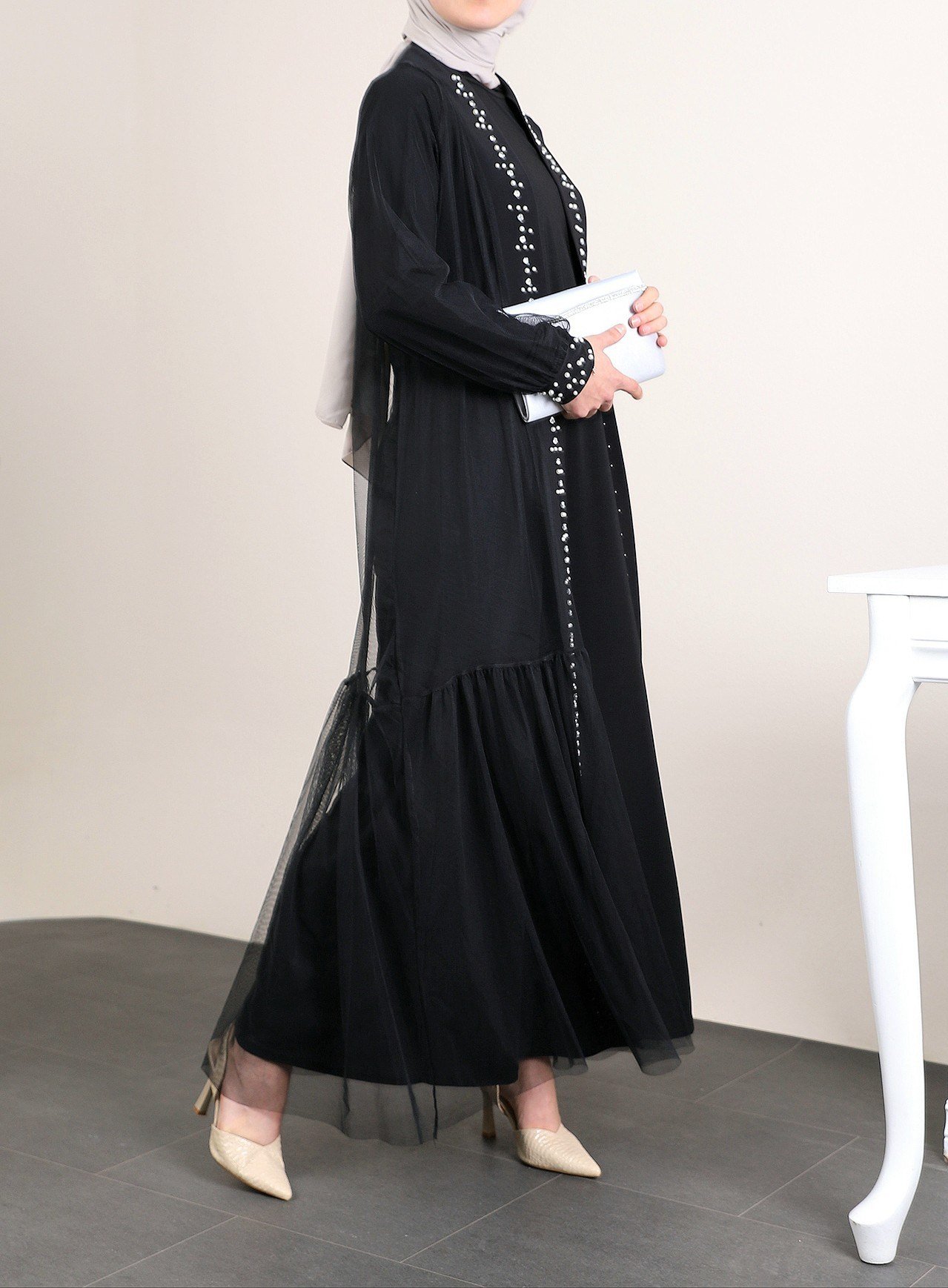 İncili Taşlı İkili Abaya Takım -Siyah